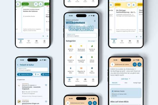 Multiple smartphones displaying a social app interface in German, featuring categories, notifications, messages, and event listings.