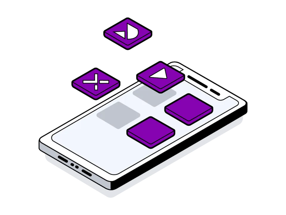 Isometrische Illustration eines Smartphones, über dessen Display verschiedene violette App-Icons schweben.