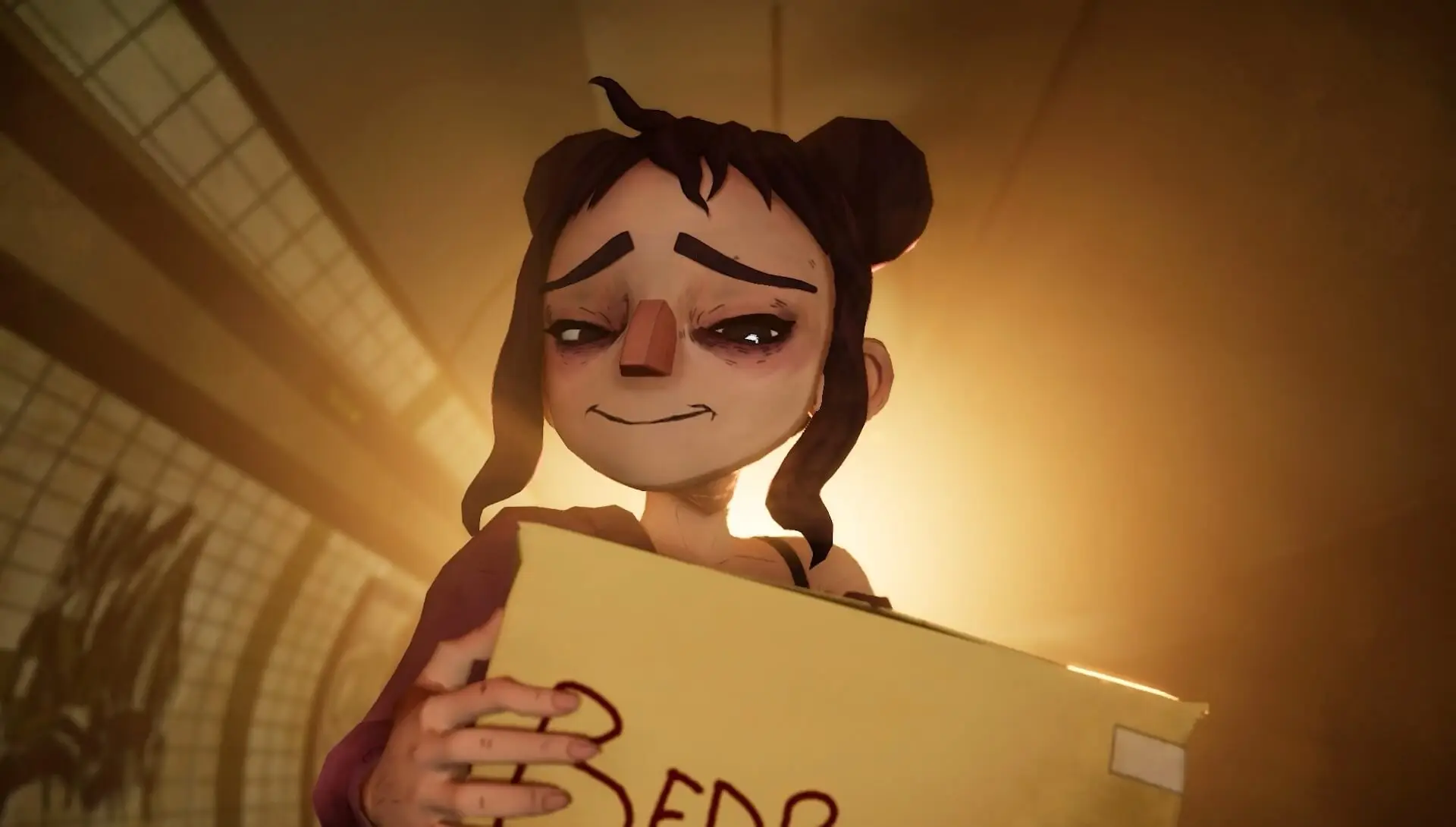 A cartoon character holding a box in a subway tunnel