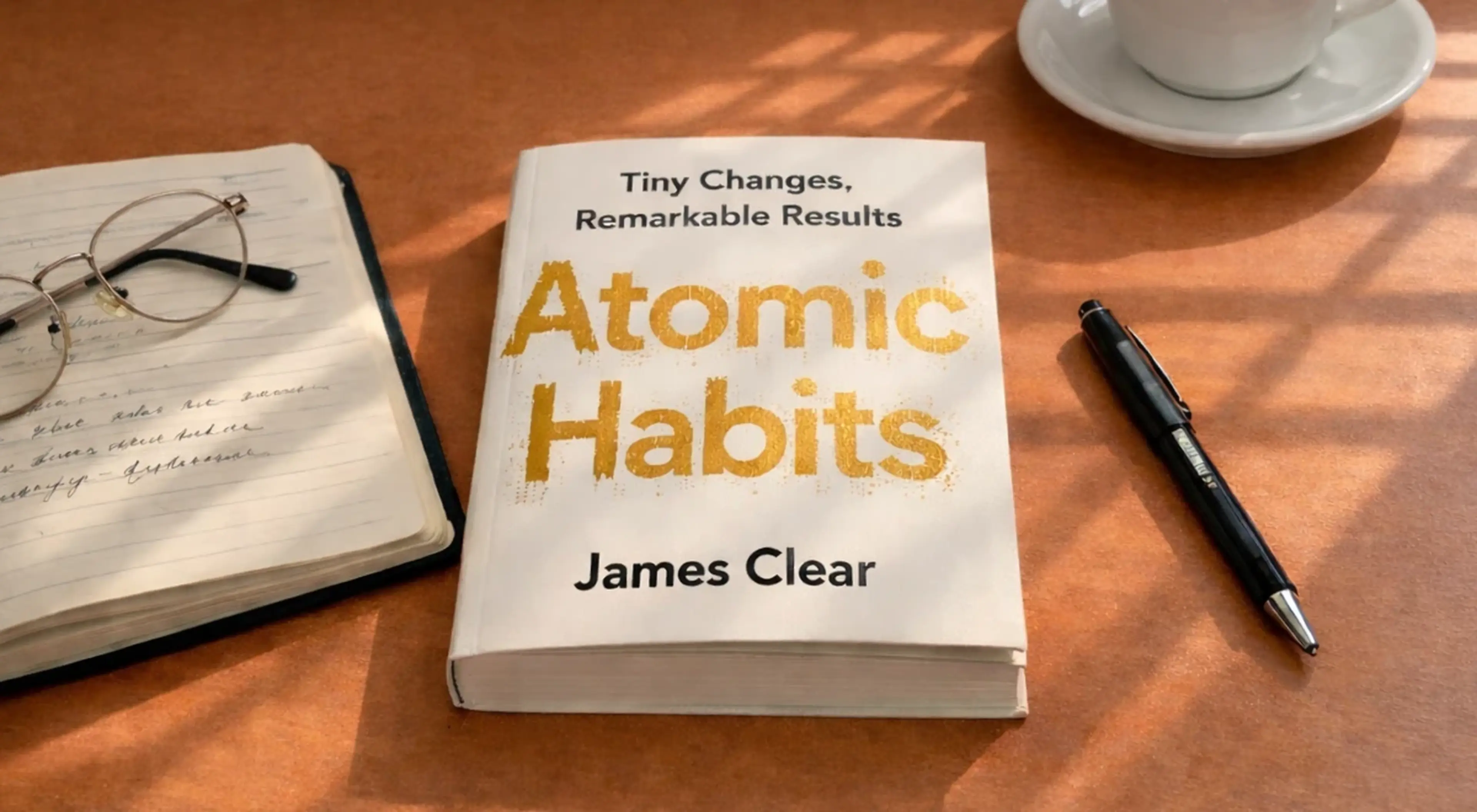 Atomic Habits bestseller book by James Clear on orange surface beside an open notebook with glasses, a pen, and a white coffee cup in the background