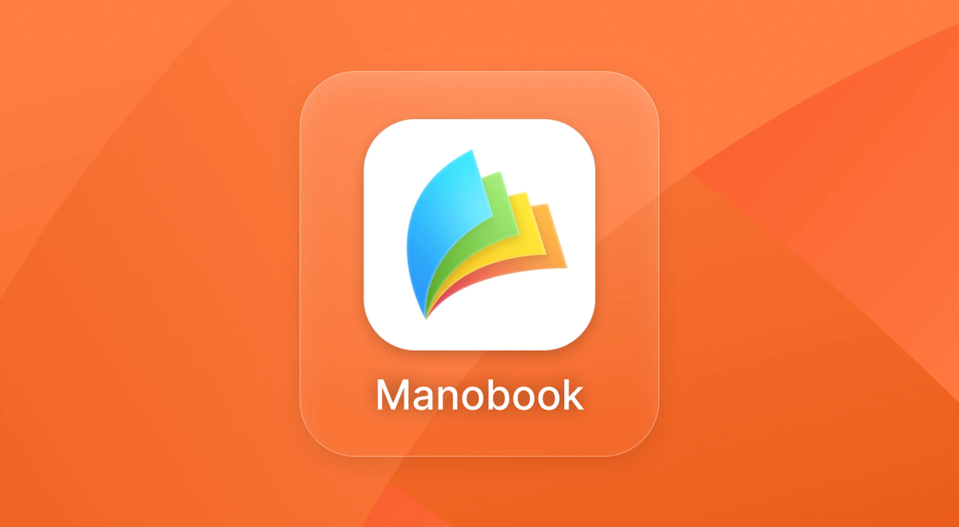 Manobook app icon featuring colorful blue, green, yellow, and red pages forming a book on a white rounded square, set against a vibrant orange background