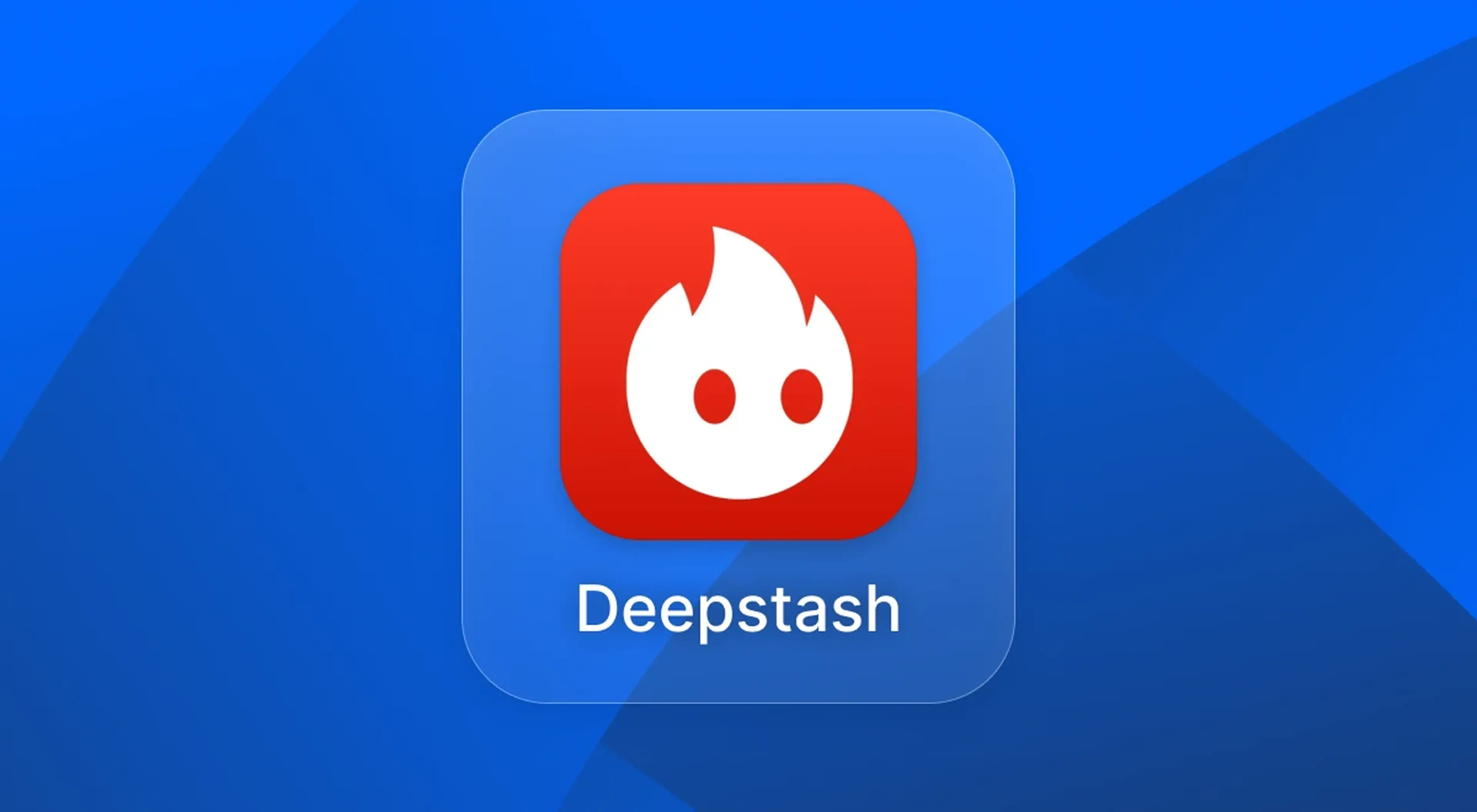 Deepstash app icon with a red flame logo on a layered blue geometric background