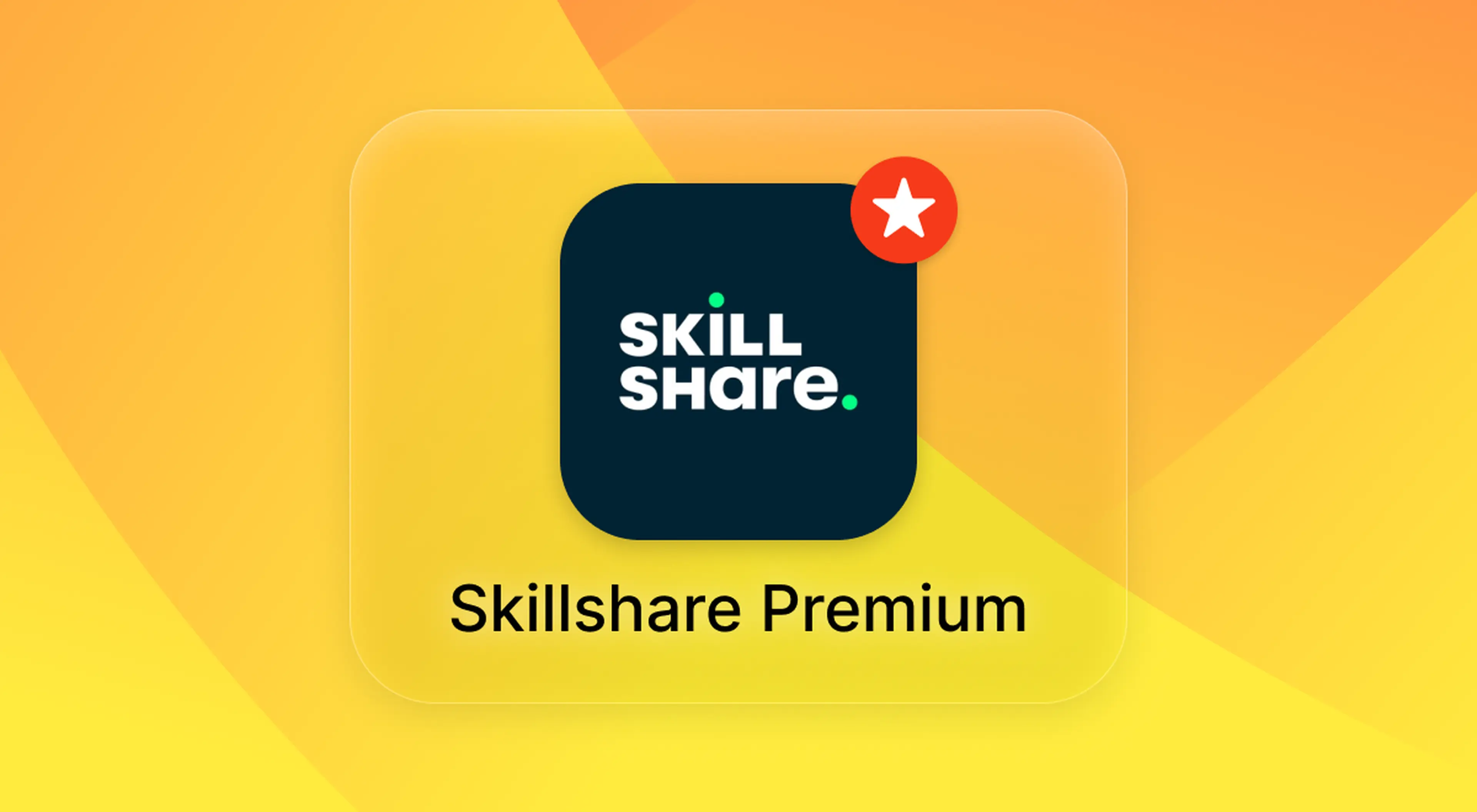 Skillshare Premium app icon with a red star badge on a card set against a bright yellow and orange gradient background
