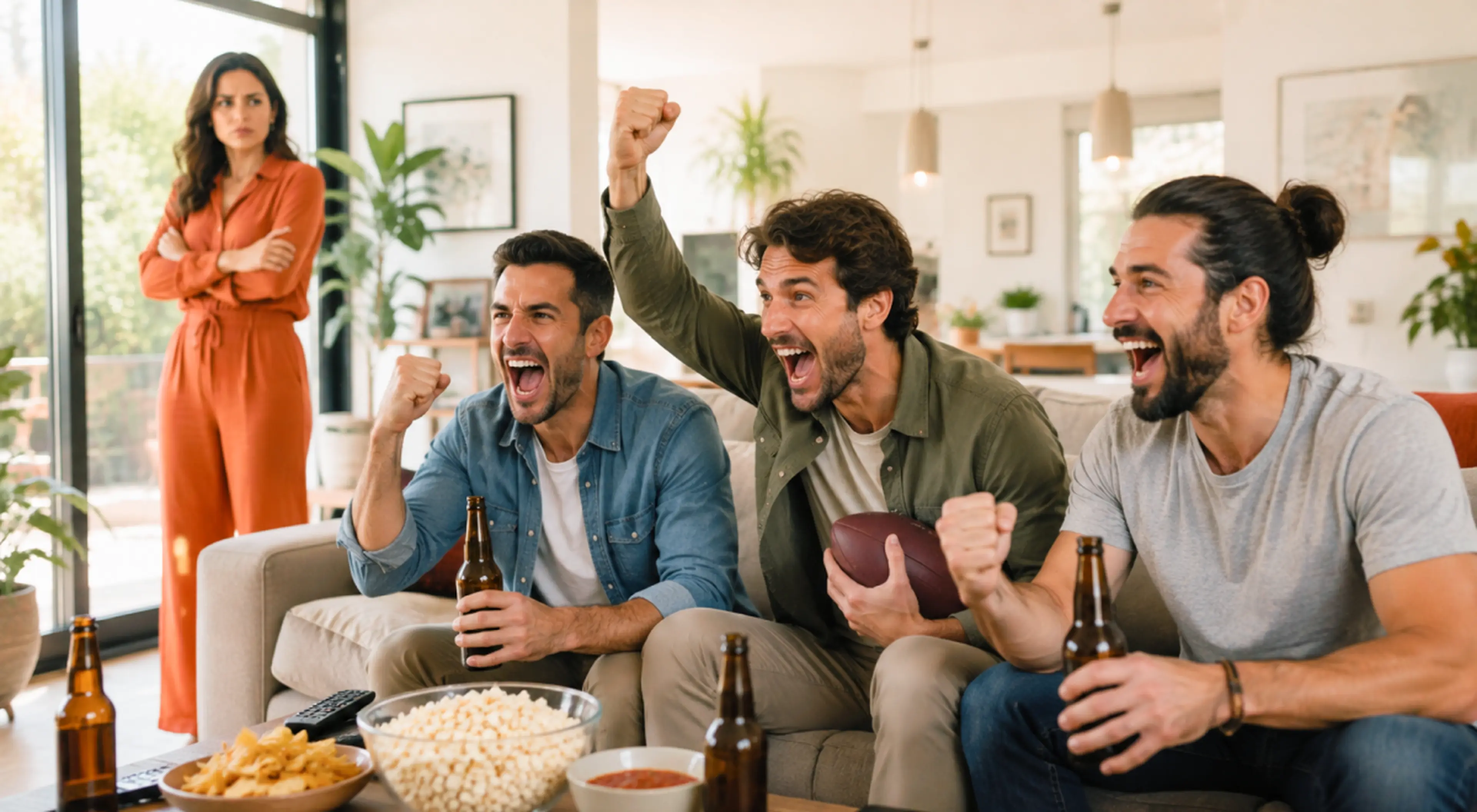Three men cheer excitedly on a couch with beers, football, and popcorn while an annoyed woman in orange stands with crossed arms, raising the question of what is considered cheating on shared time
