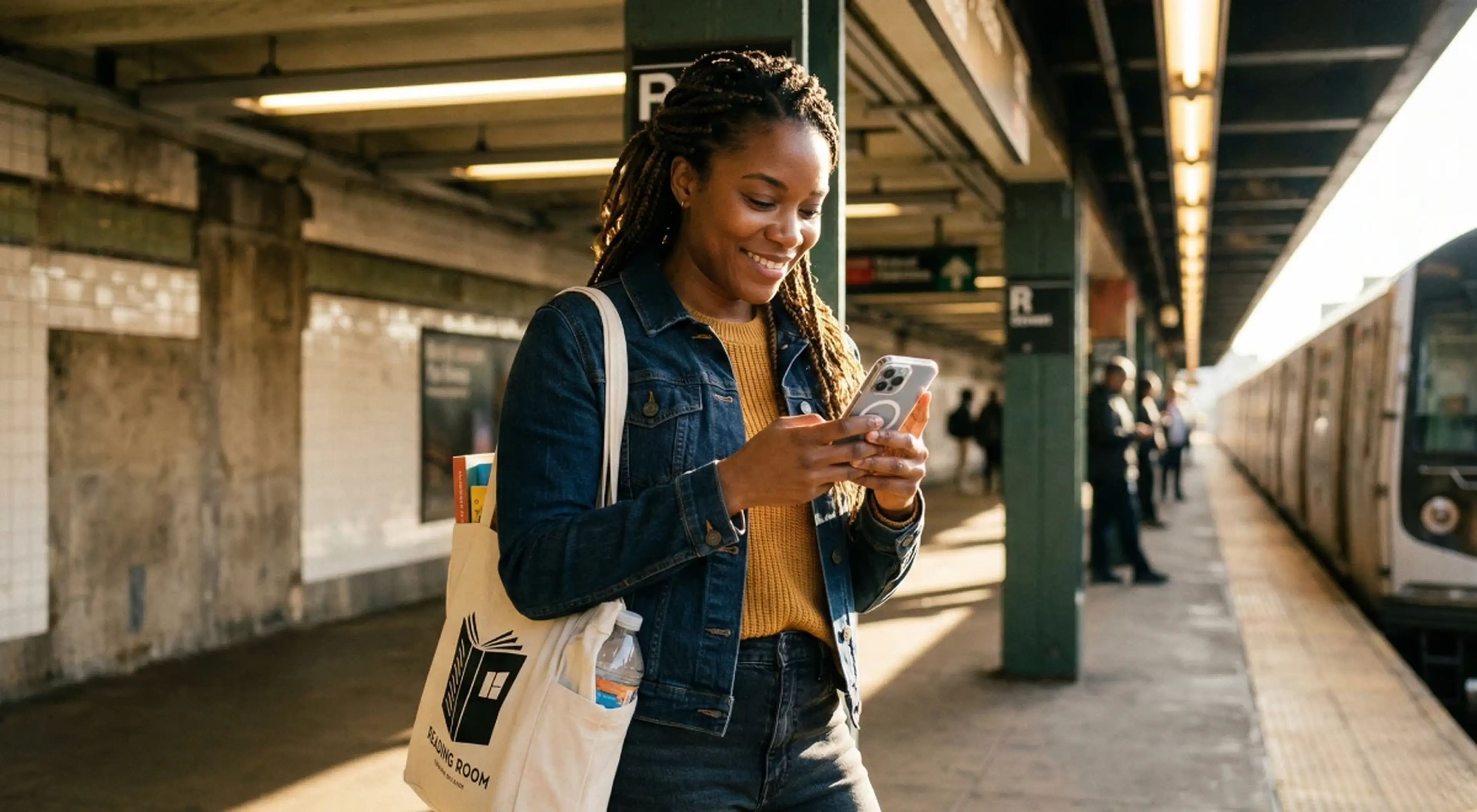 Smiling woman with braids using a smartphone on a subway platform, carrying a book tote bag, wearing a denim jacket — discovering apps to download while waiting for a train