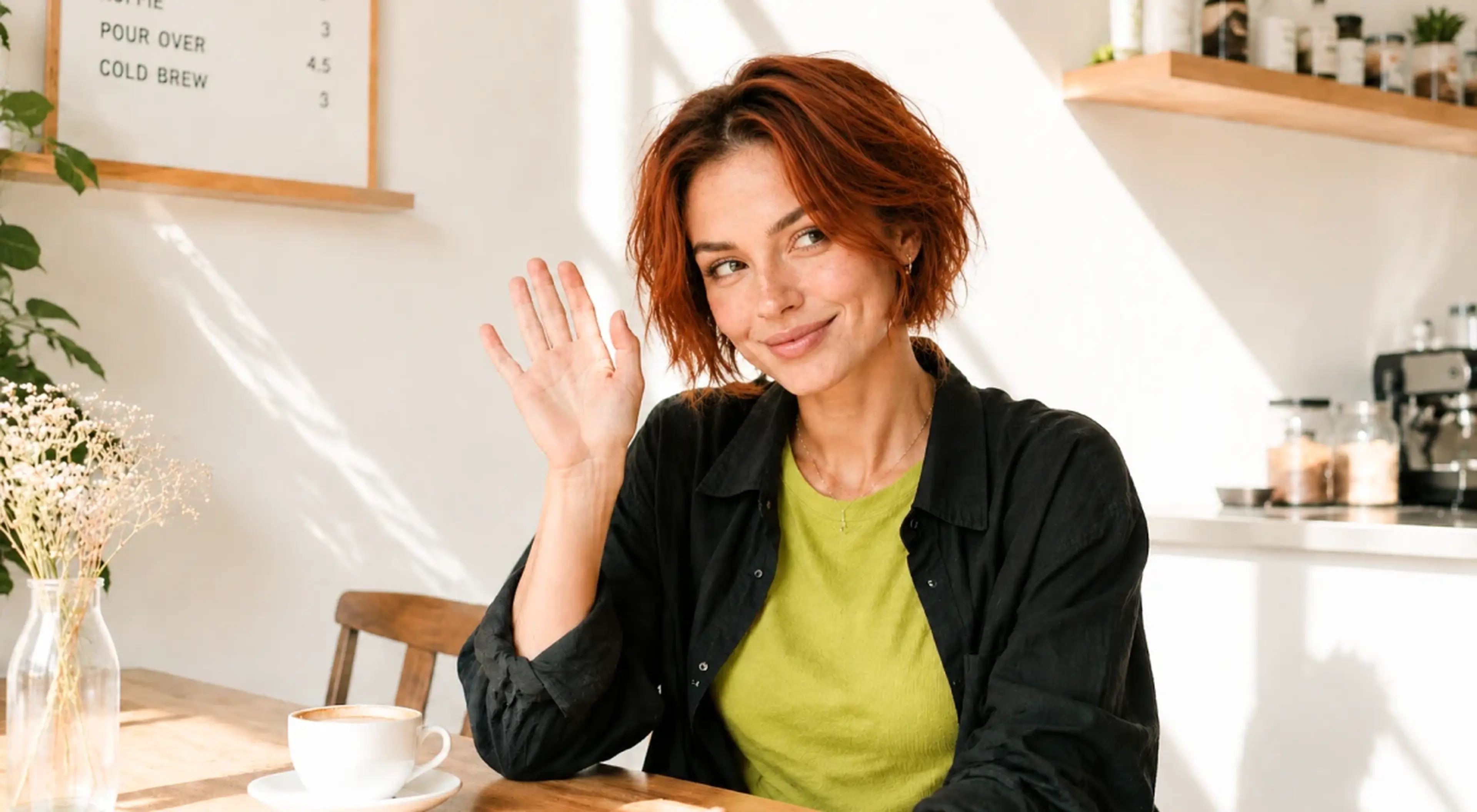 Woman with short red hair in a green top and black jacket waving and smiling while sitting at a bright café table with a coffee cup, flirting