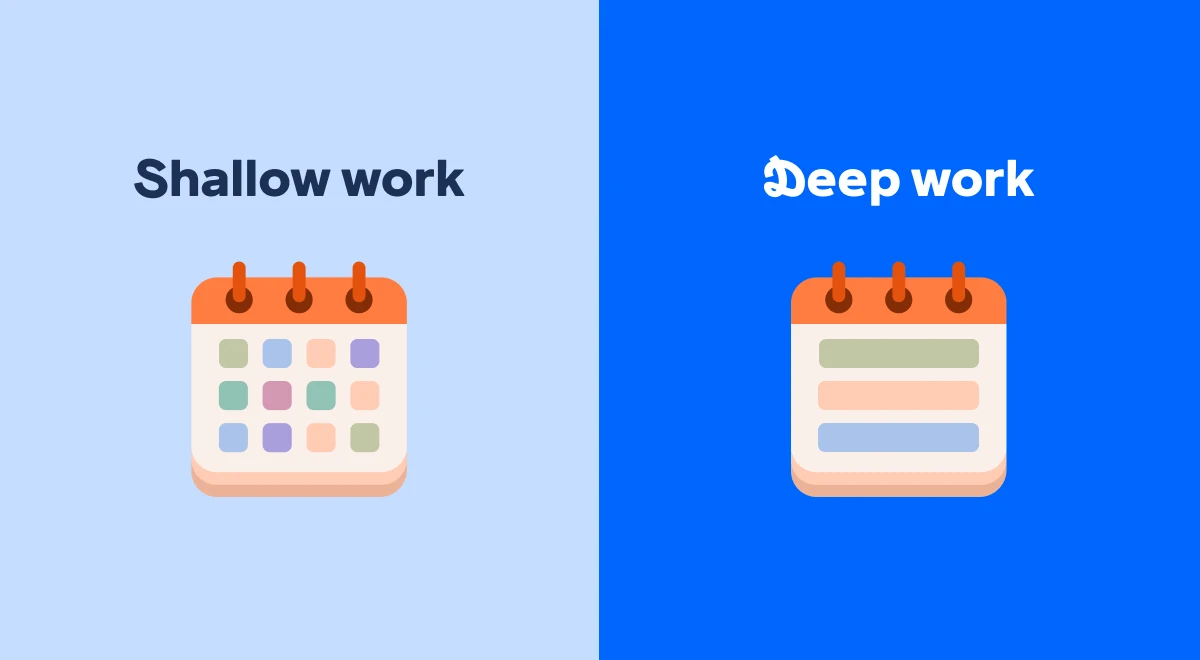 Split infographic comparing shallow work with a colorful calendar icon on light blue background and deep work with a streamlined calendar on bright blue, illustrating focused reading routine concepts