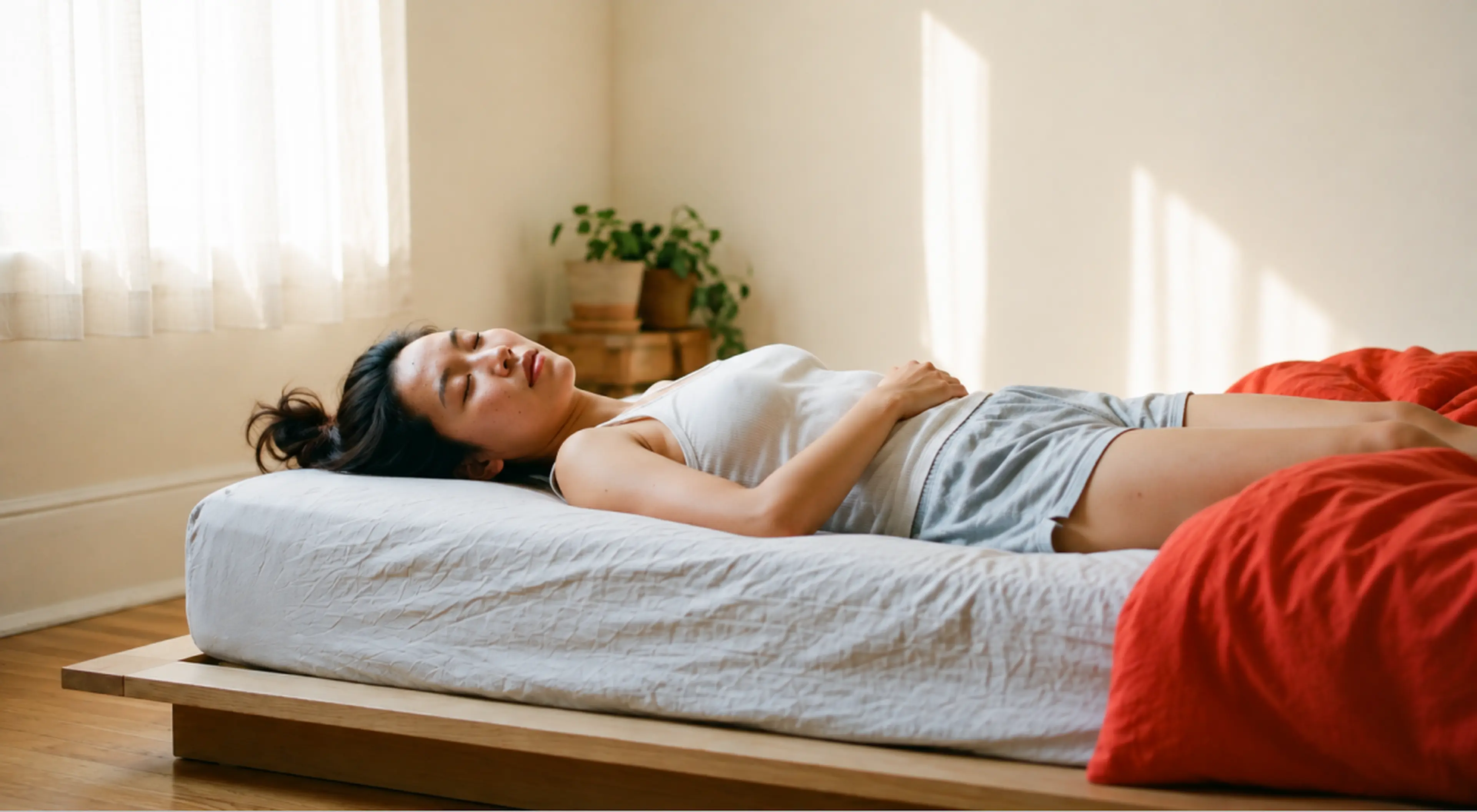 Woman lying peacefully on a white mattress with eyes closed, learning how to quiet her mind to sleep in a sunlit bedroom with a red blanket and green plant nearby