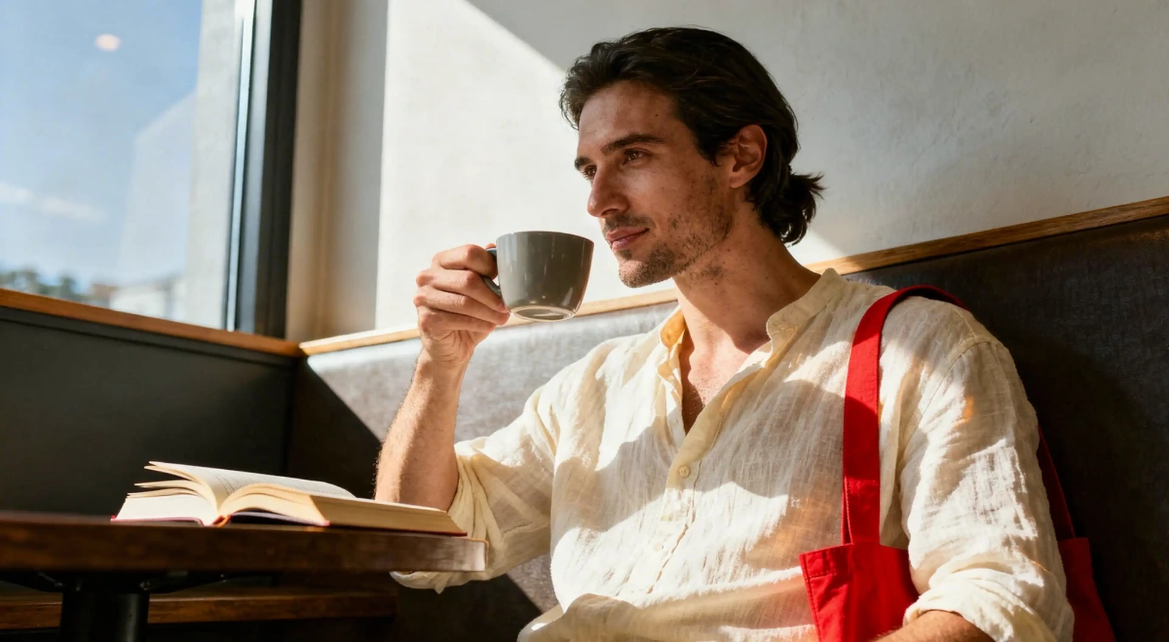 Man in a white linen shirt sitting at a café table by a window, holding a coffee cup with an open book in front of him, reflecting a motivation reading mindset
