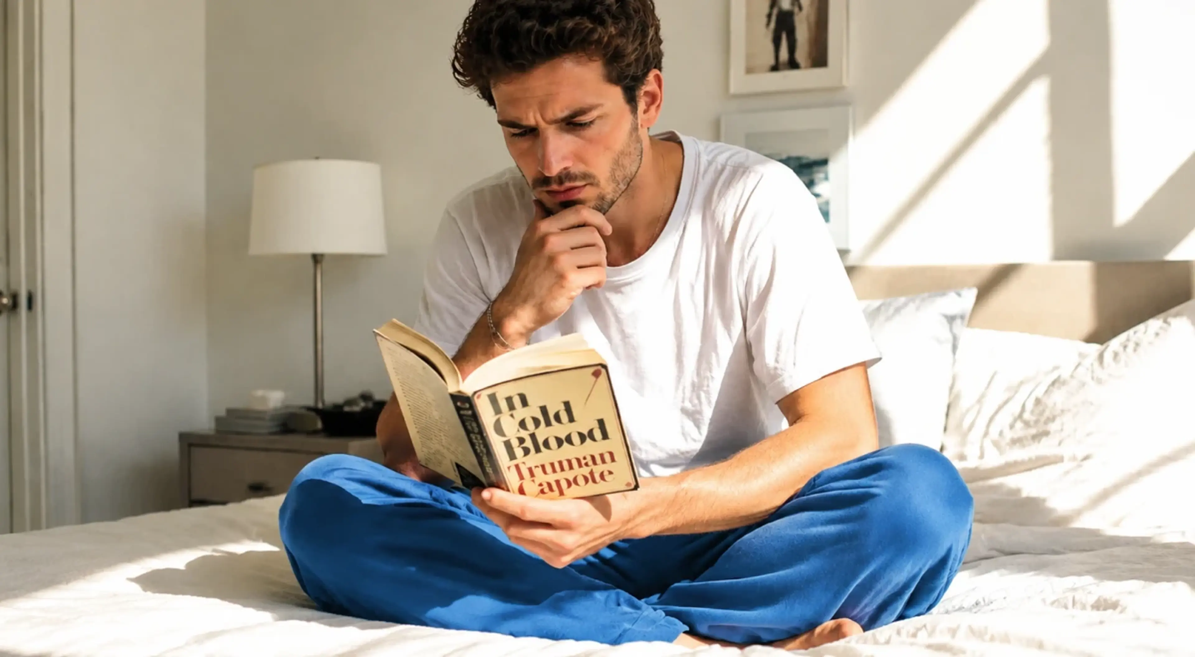 Young man in a white t-shirt and blue pants sitting cross-legged on a bed reading In Cold Blood by Truman Capote, with a lamp and framed picture visible in a bright bedroom background
