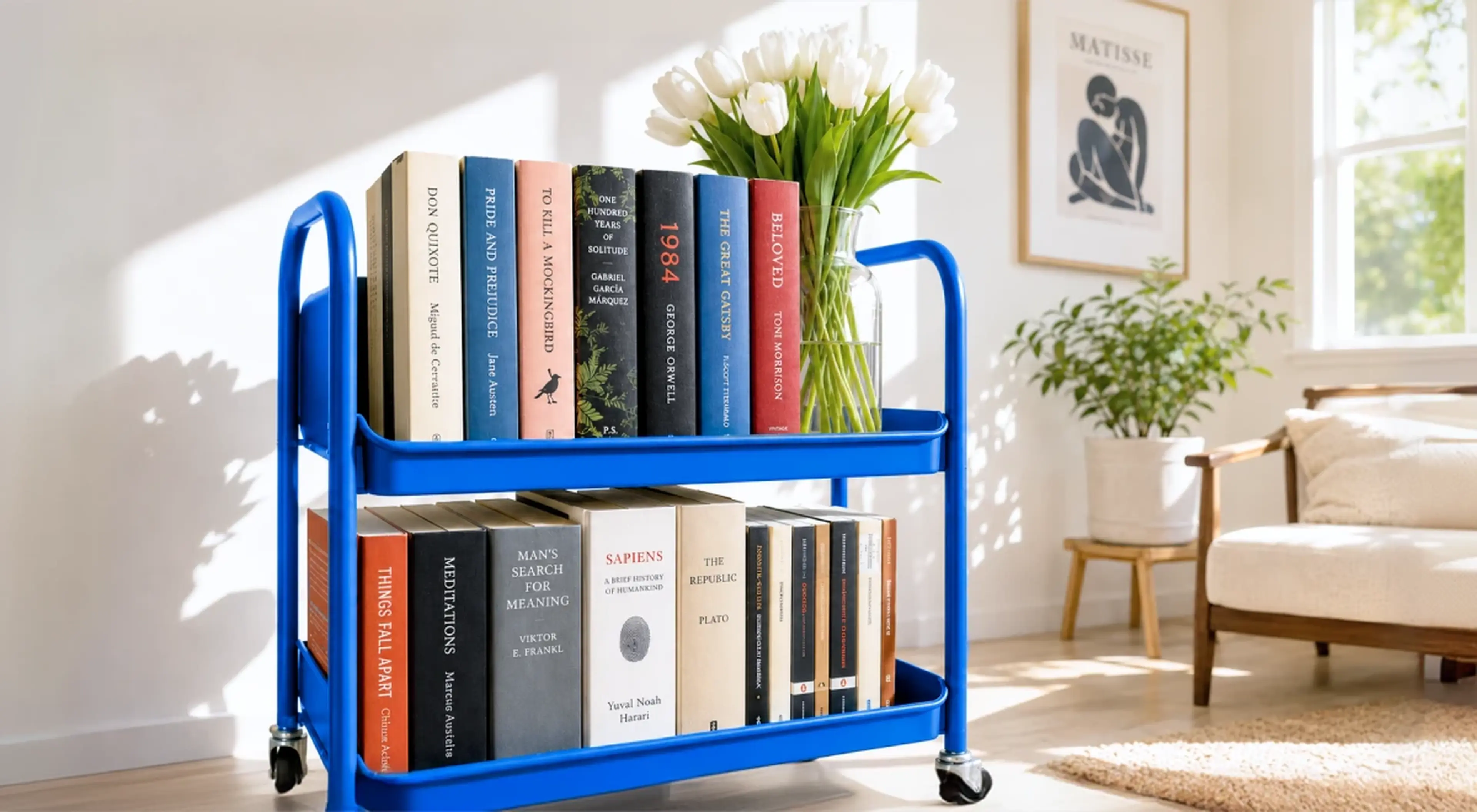 Blue rolling library cart with two shelves holding classic and must-read books including 1984, Sapiens, and Don Quixote, with white tulips, a bright window, and a cozy armchair in the background
