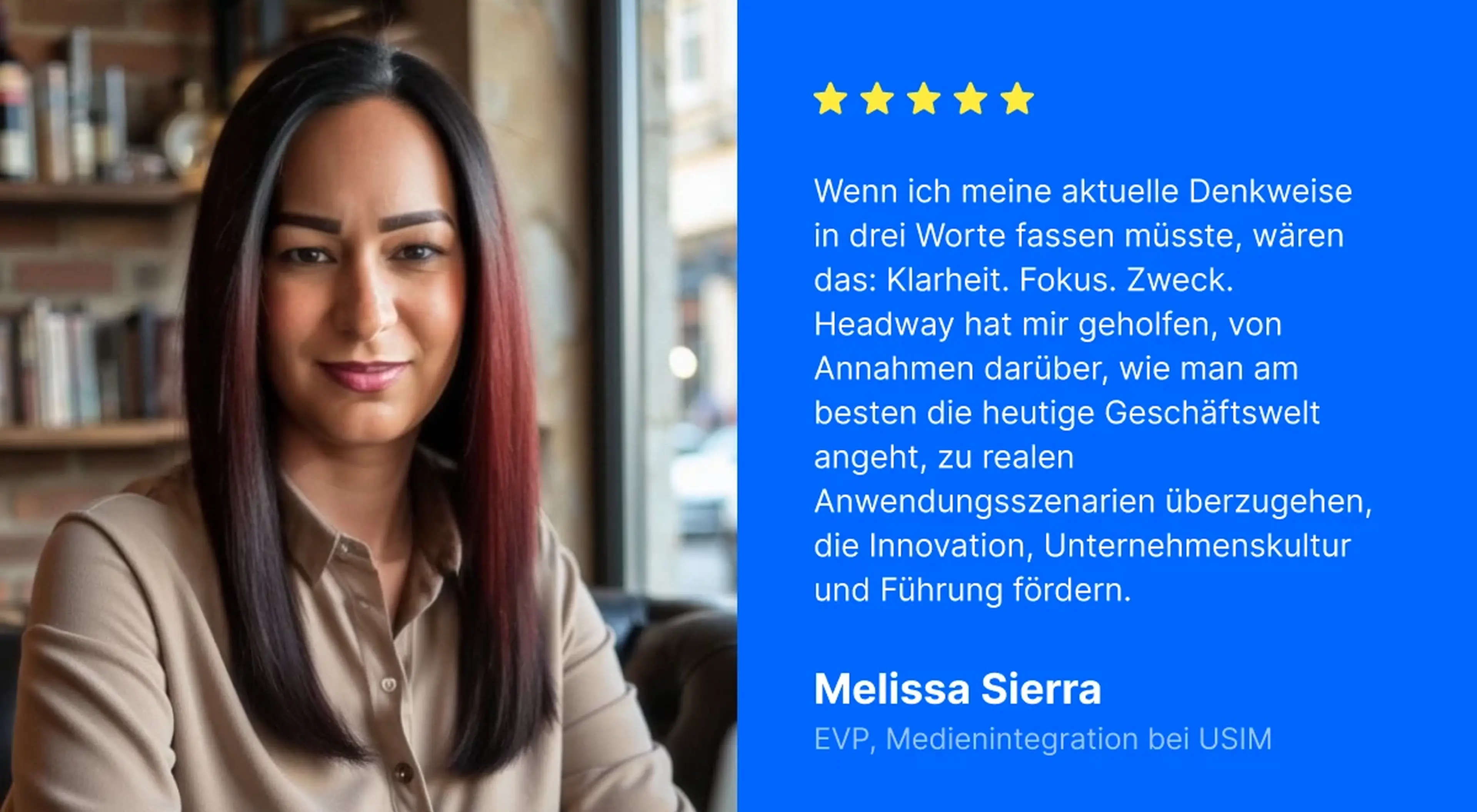 Melissa Sierra, Executive Vice President bei Media Integration USIM, teilt eine 5-Sterne-Bewertung der Headway-App über Klarheit, Fokus und Führungskräfteentwicklung, fotografiert in einer gemütlichen