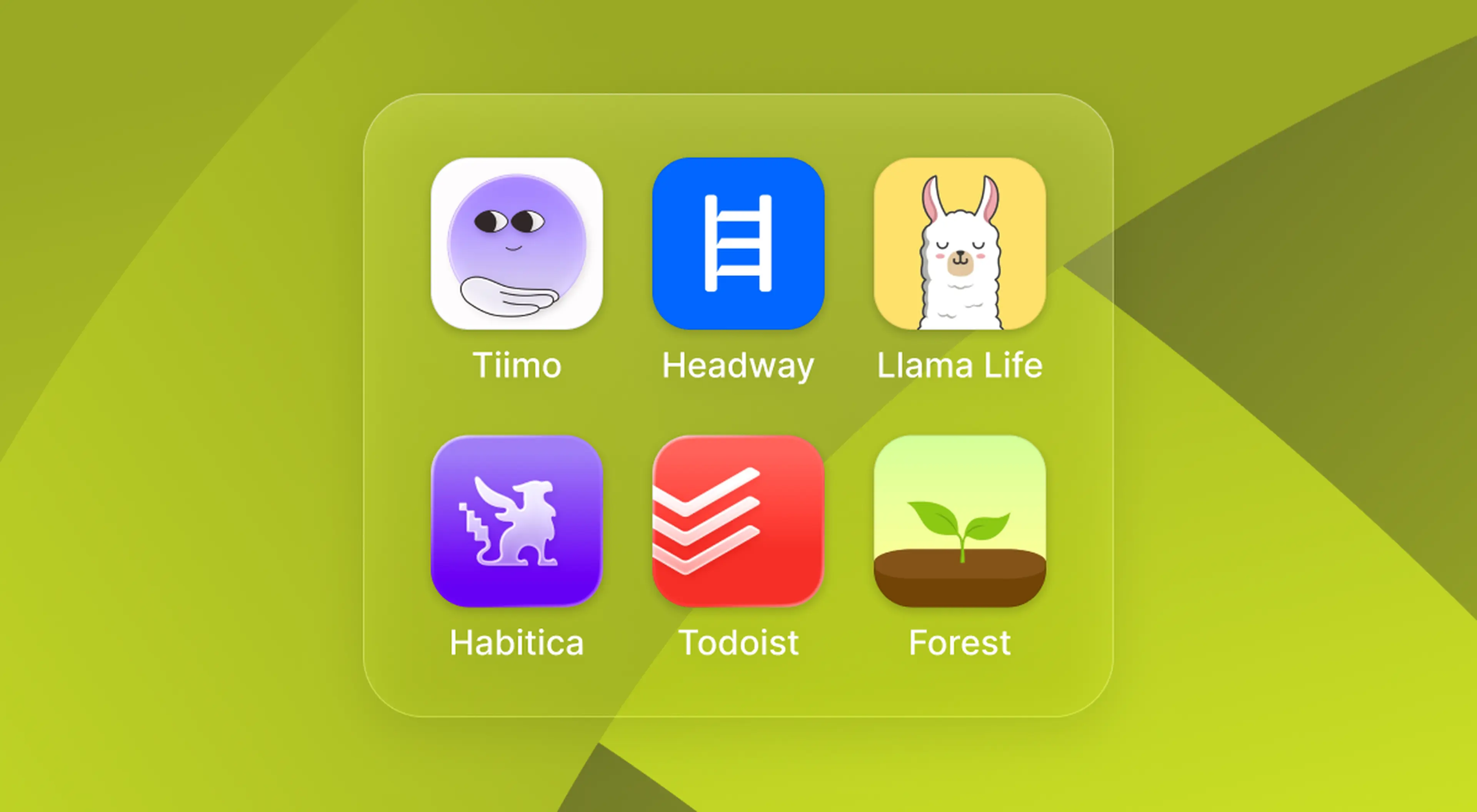 Grid of ADHD apps icons including Tiimo, Headway, Llama Life, Habitica, Todoist and Forest displayed on a green geometri