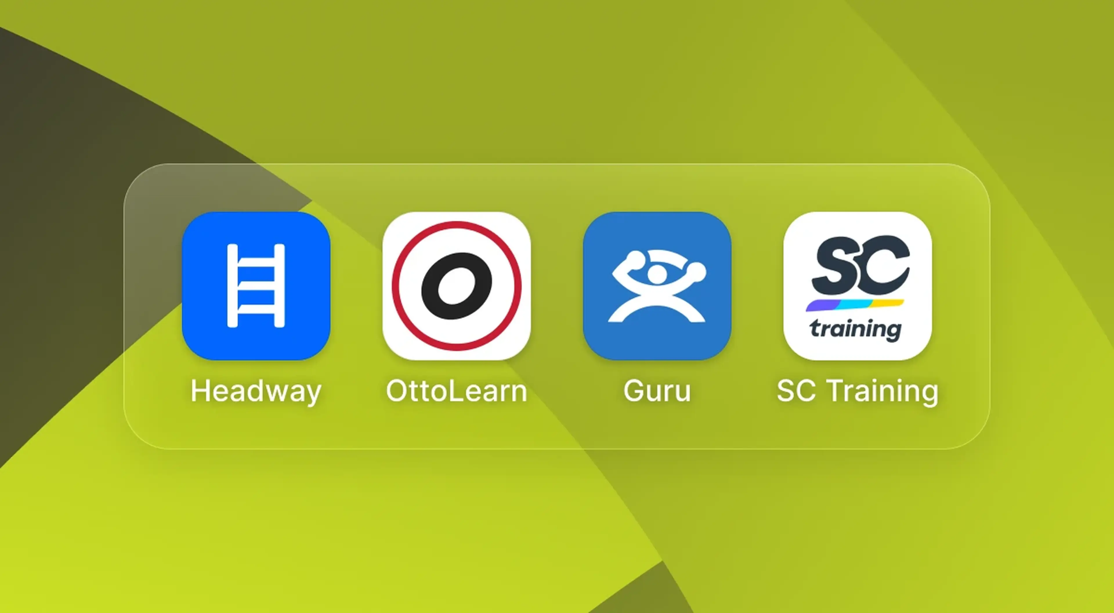 Four learning app icons — Headway, OttoLearn, Guru, and SC Training — displayed on a green geometric background as knowledge retention tools
