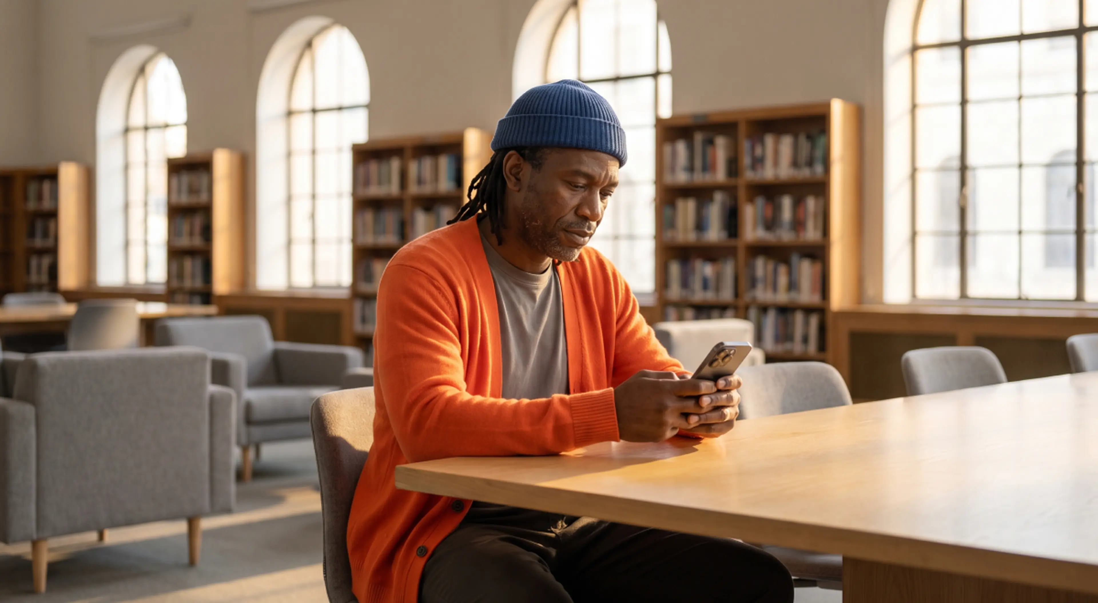 Man in an orange cardigan and blue beanie sits at a wooden table in a sunlit library, scrolling his phone during a reading slump, surrounded by tall bookshelves and arched windows