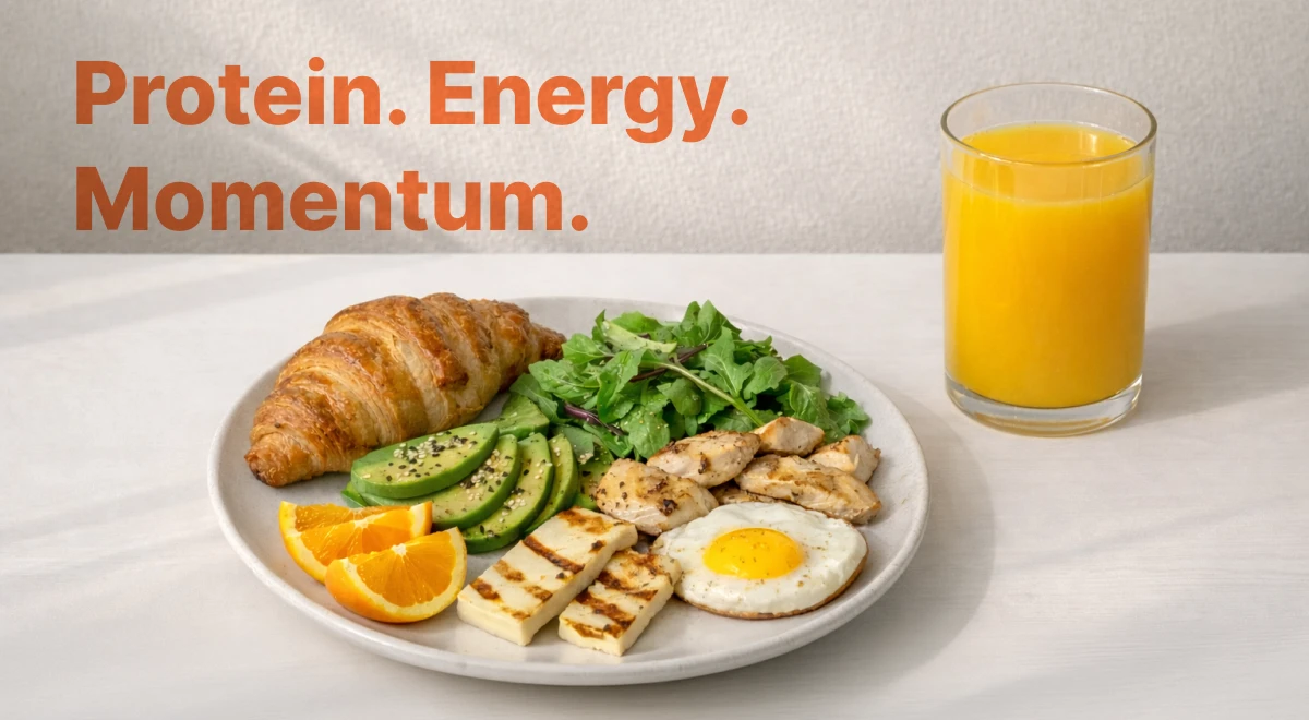 Balanced breakfast plate with eggs, avocado, grilled chicken, croissant, and orange juice on a white table, representing Mark Wahlberg's daily routine of protein-rich nutrition and healthy habits