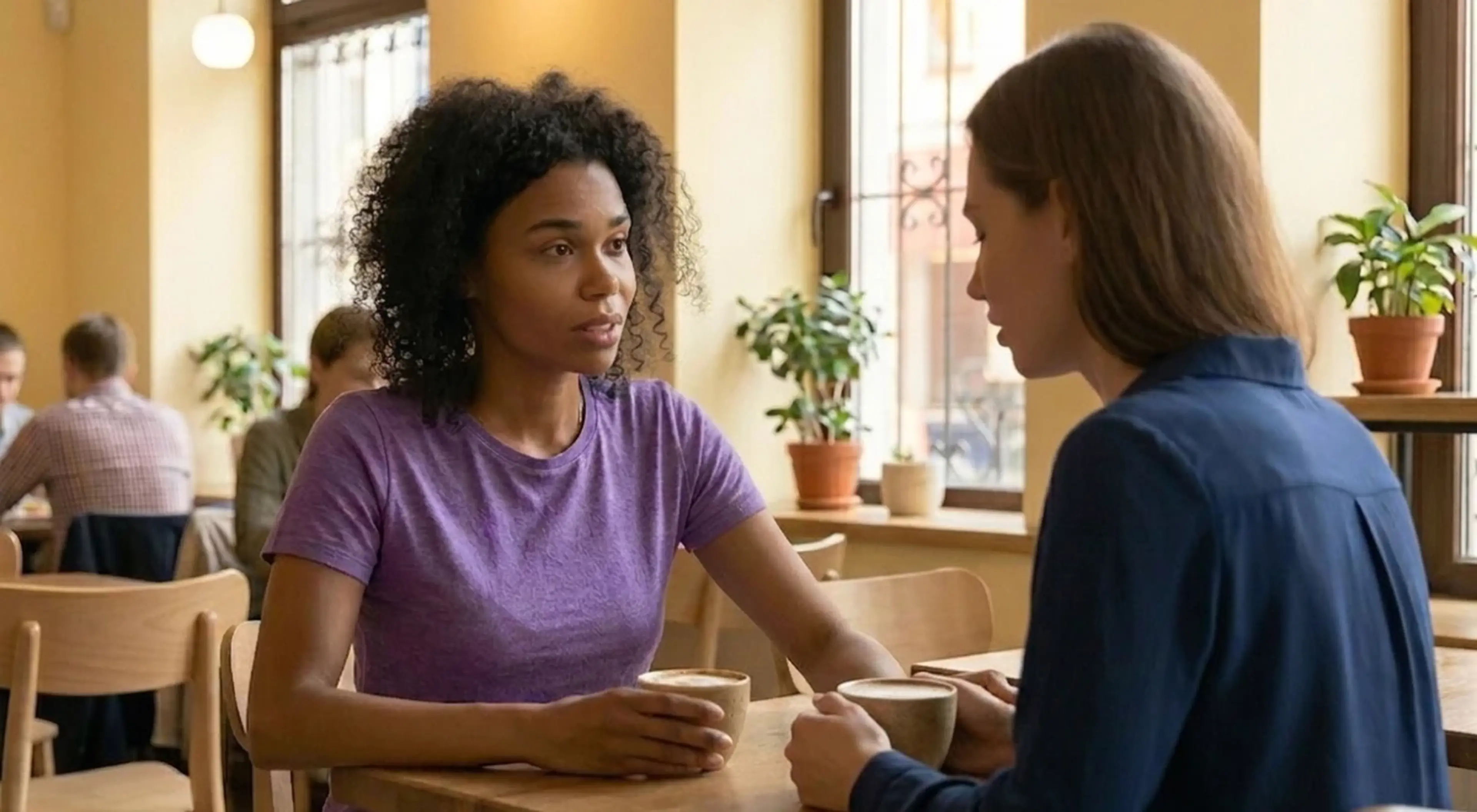 Two women having an attentive face-to-face conversation over coffee in a cozy café with plants and warm lighting, illustrating deep connection and how to be a better listener