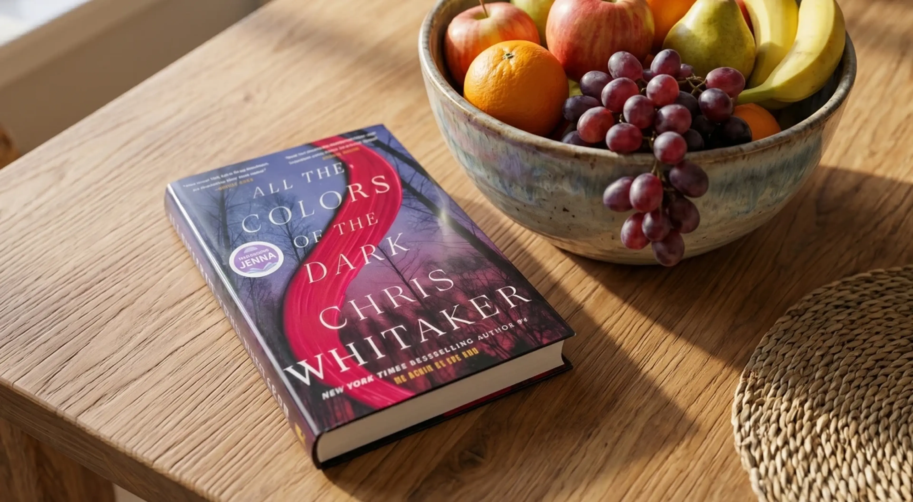 All the Colors of the Dark by Chris Whitaker paperback on a wooden table beside a bowl of mixed fruit, representing a popular fiction book summary