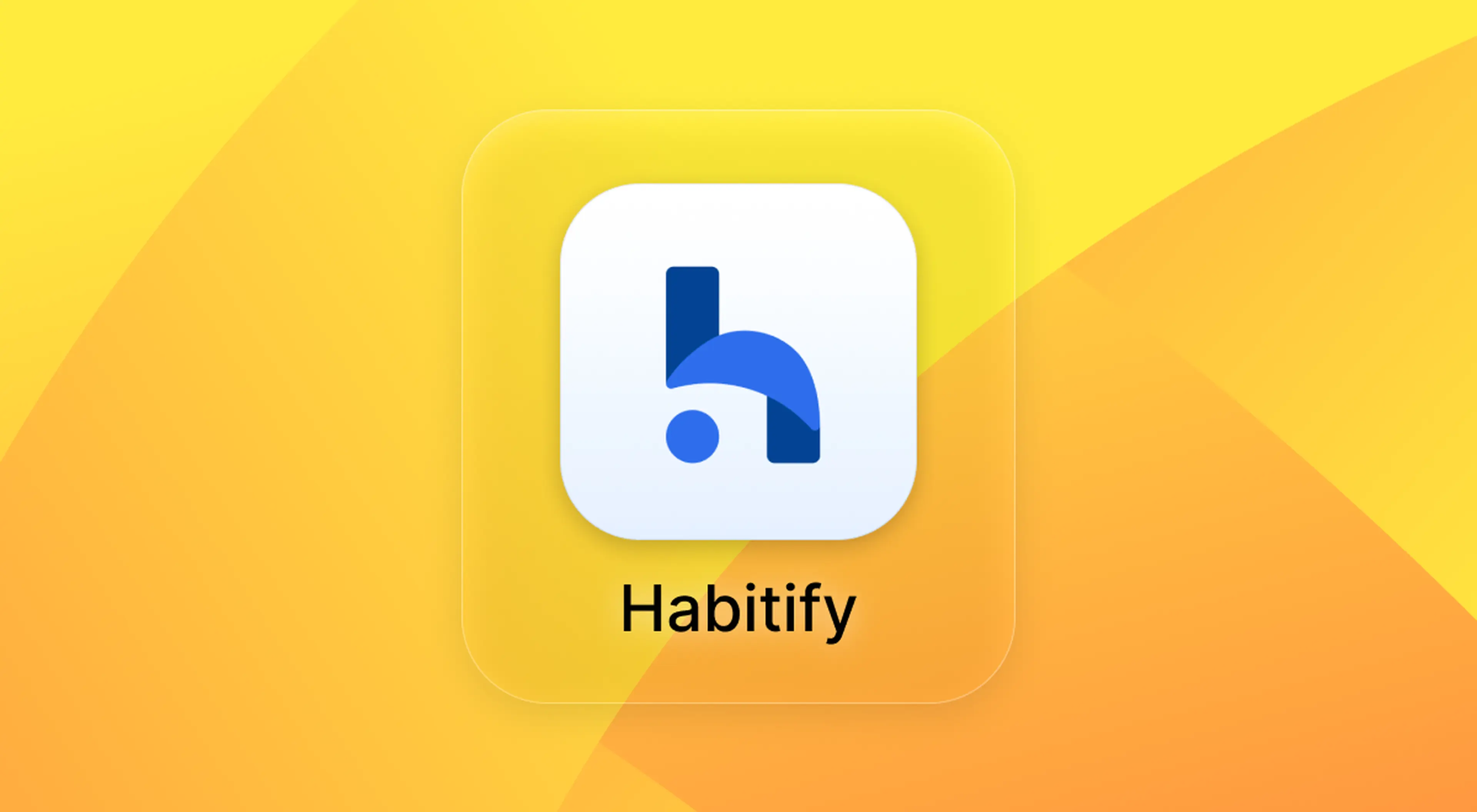 Habitify habit tracker app icon featuring a blue lowercase letter h on a white rounded square, set against a bright yellow and orange geometric background