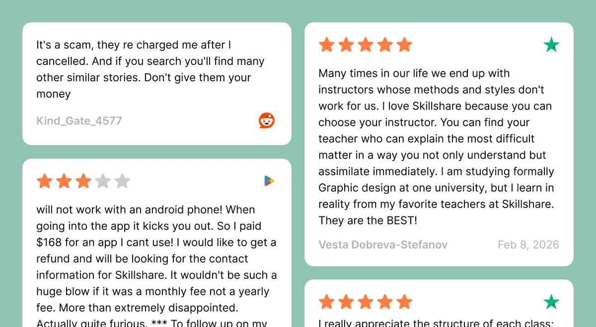 Mixed Skillshare user reviews on green background, showing both positive and critical feedback about the app's subscription cost and microlearning experienc