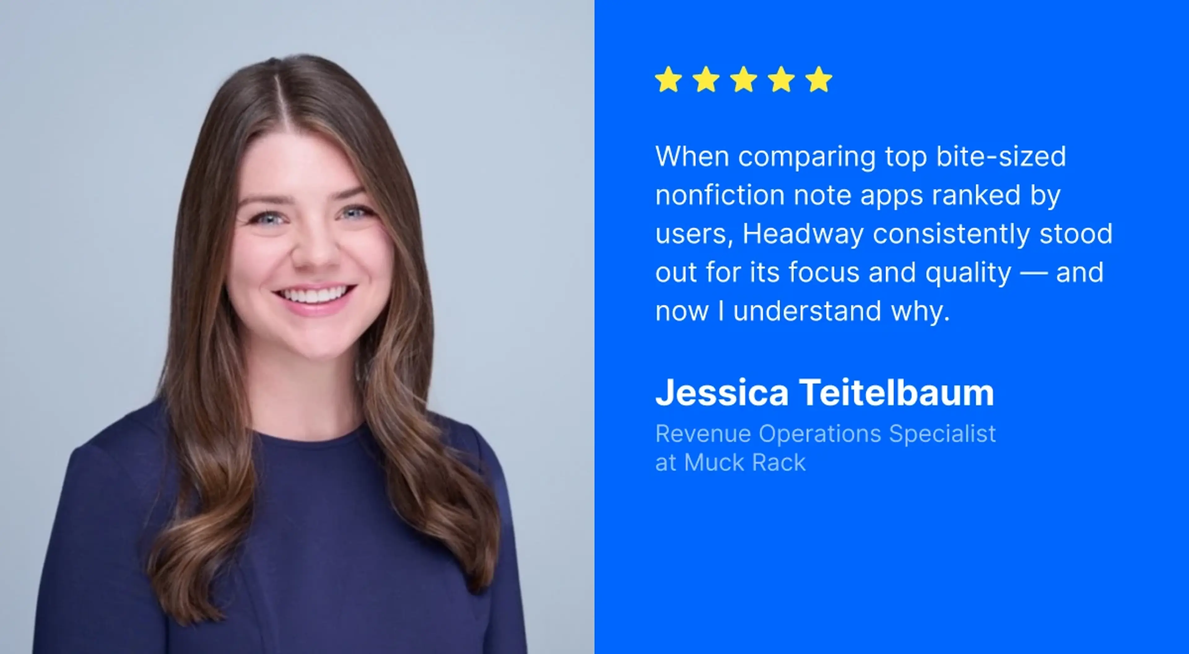 Jessica Teitelbaum, Revenue Operations Specialist at Muck Rack, smiling in a professional photo next to her five-star Headway app review on a blue background