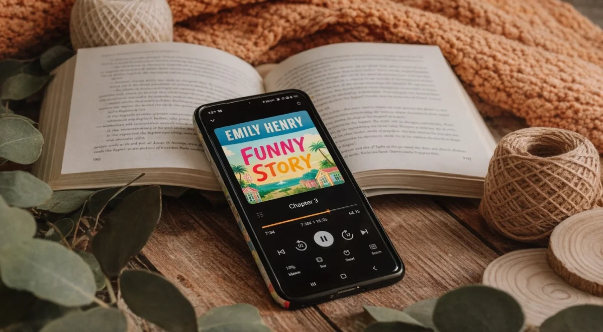 Smartphone playing Funny Story by Emily Henry audiobook resting on an open book surrounded by a knitted orange textile, rope spool, and green leaves — science fiction and fiction picks