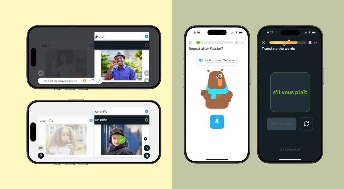 Rosetta Stone app screenshots showing video-based language lessons on yellow background beside Duolingo screens with bear mascot and French translation exercise on sage green background