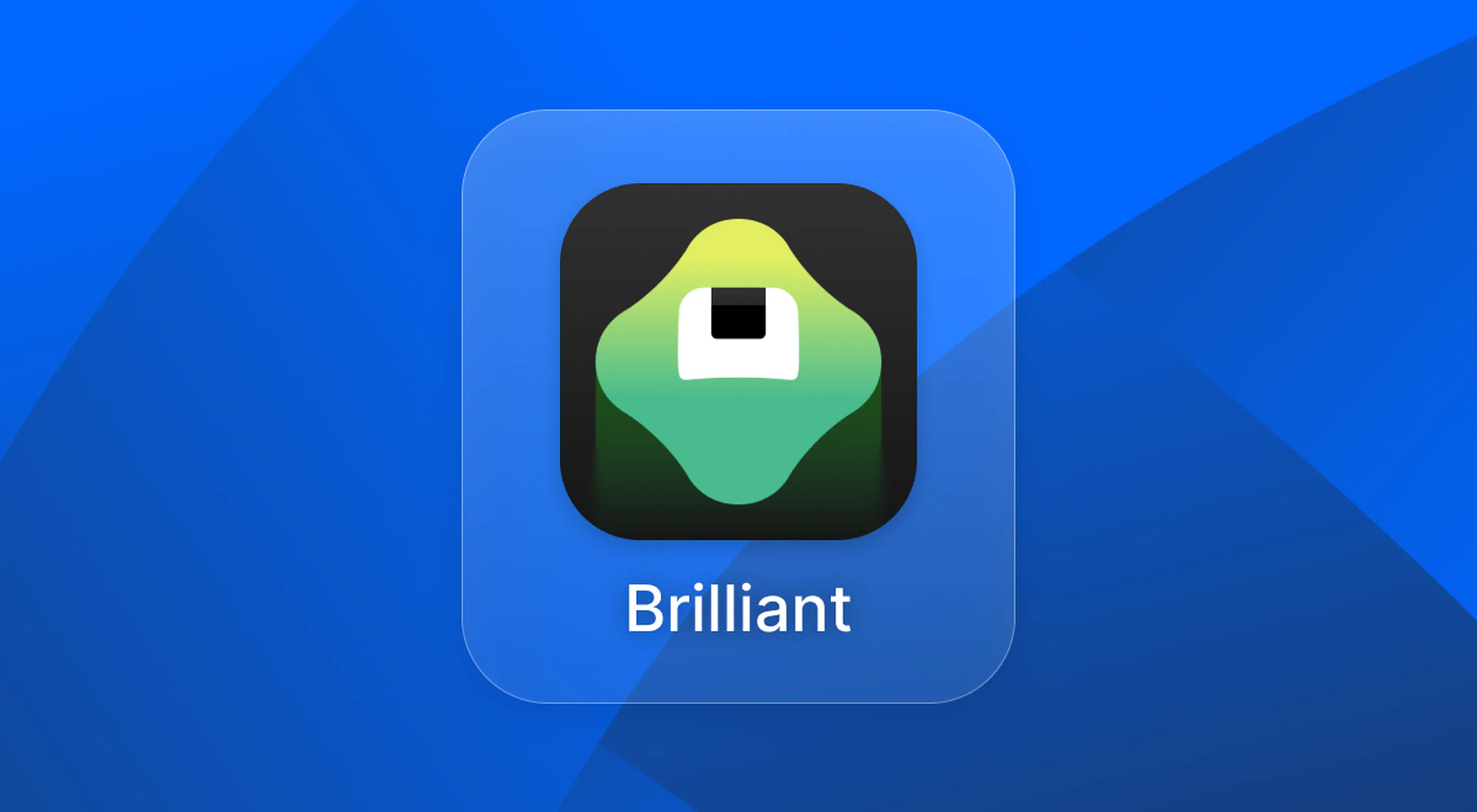 Brilliant learning app icon with a green gradient logo on a translucent tile against a blue background, featured in a Brilliant review