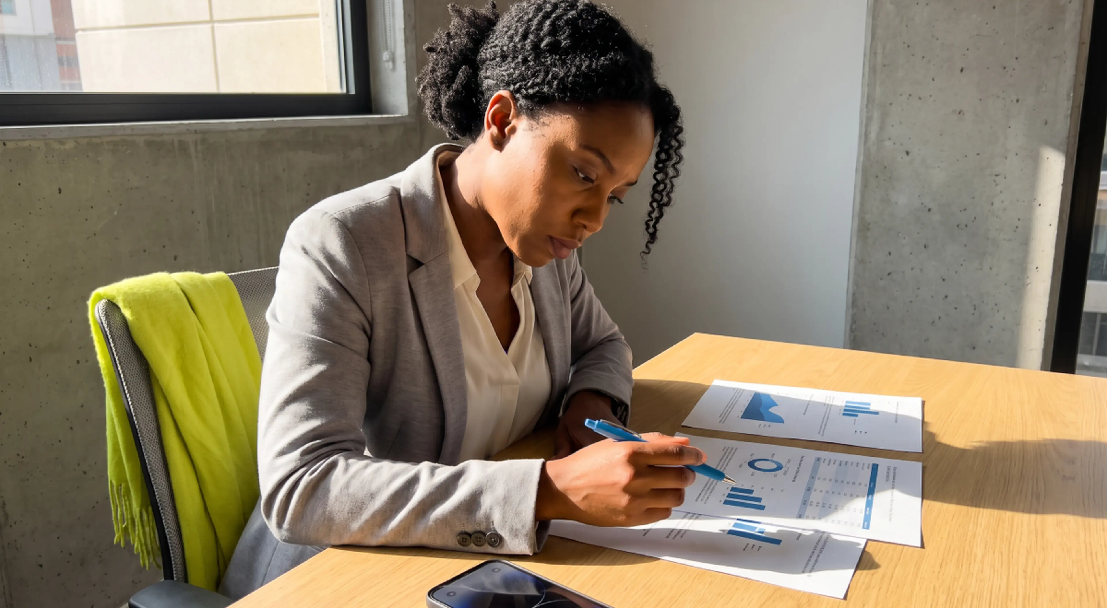 Businesswoman in a grey blazer reviewing printed charts and microlearning statistics reports at a wooden office desk near a sunlit window, with a green scarf draped over her chair