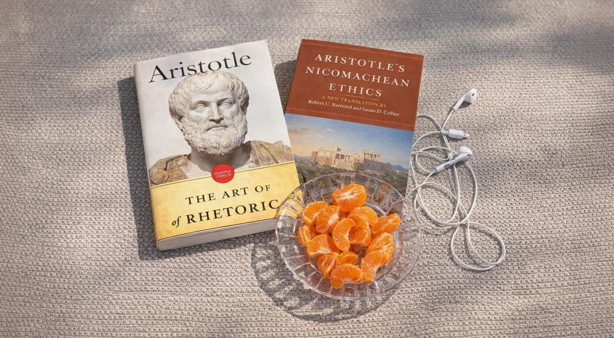 Two Aristotle books — The Art of Rhetoric and Nicomachean Ethics — laid on a textured surface beside a glass bowl of orange segments and white earphones, philosophy books flatlay