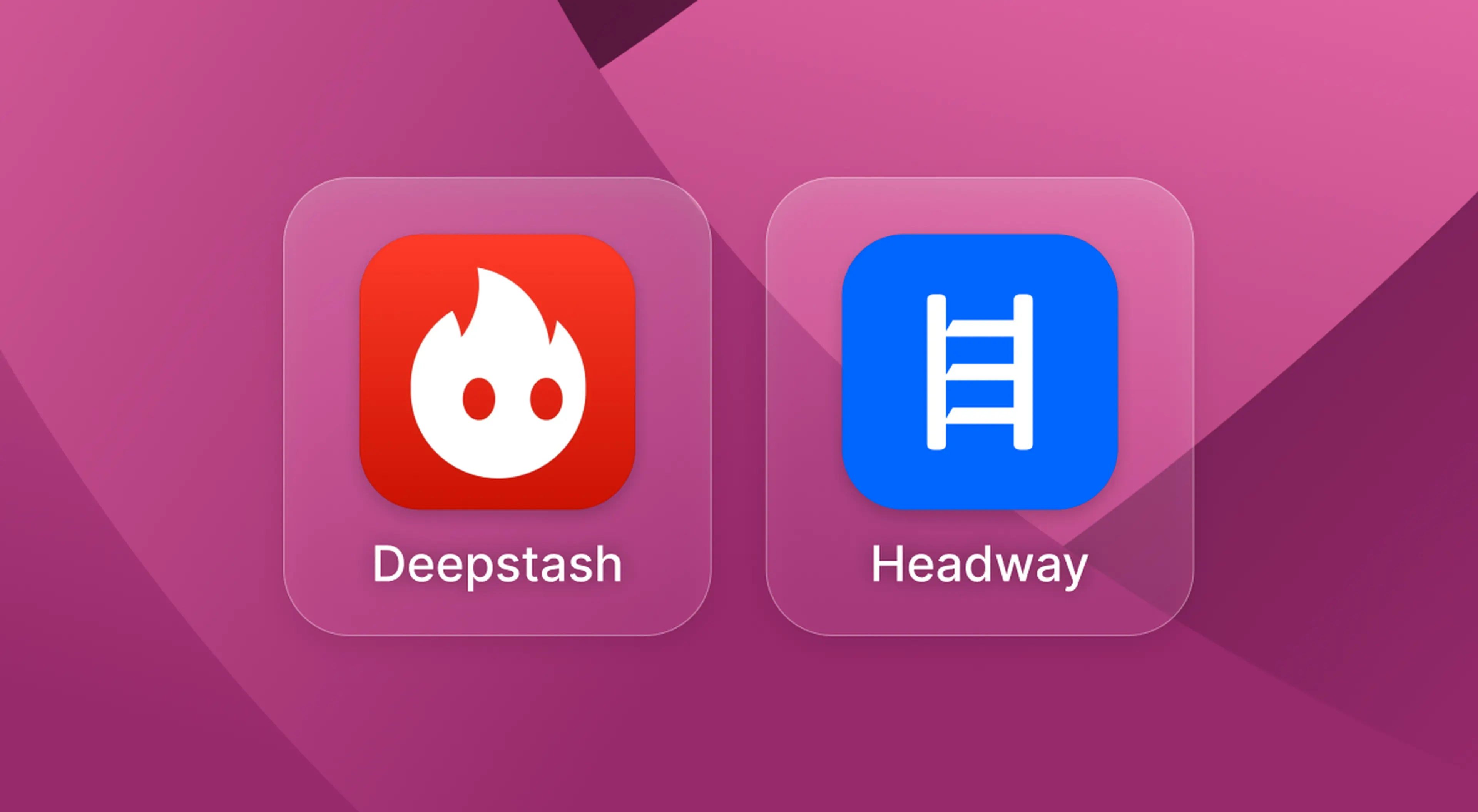 Deepstash vs Headway app icons side by side on a pink and magenta geometric background, comparing the two microlearning and self-growth apps