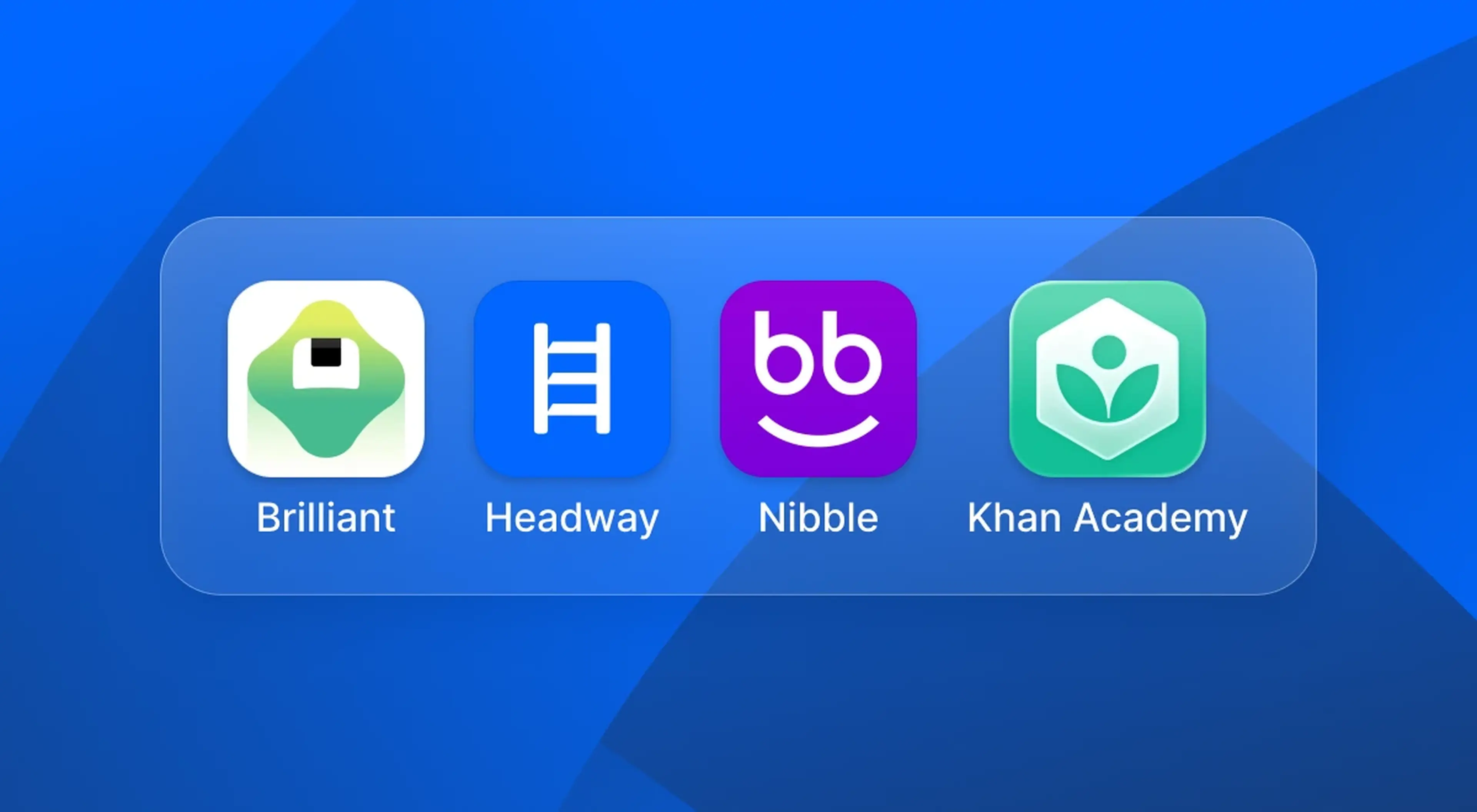 Brilliant, Headway, Nibble, and Khan Academy app icons arranged in a row on a blue geometric background, highlighting popular knowledge apps for daily learning