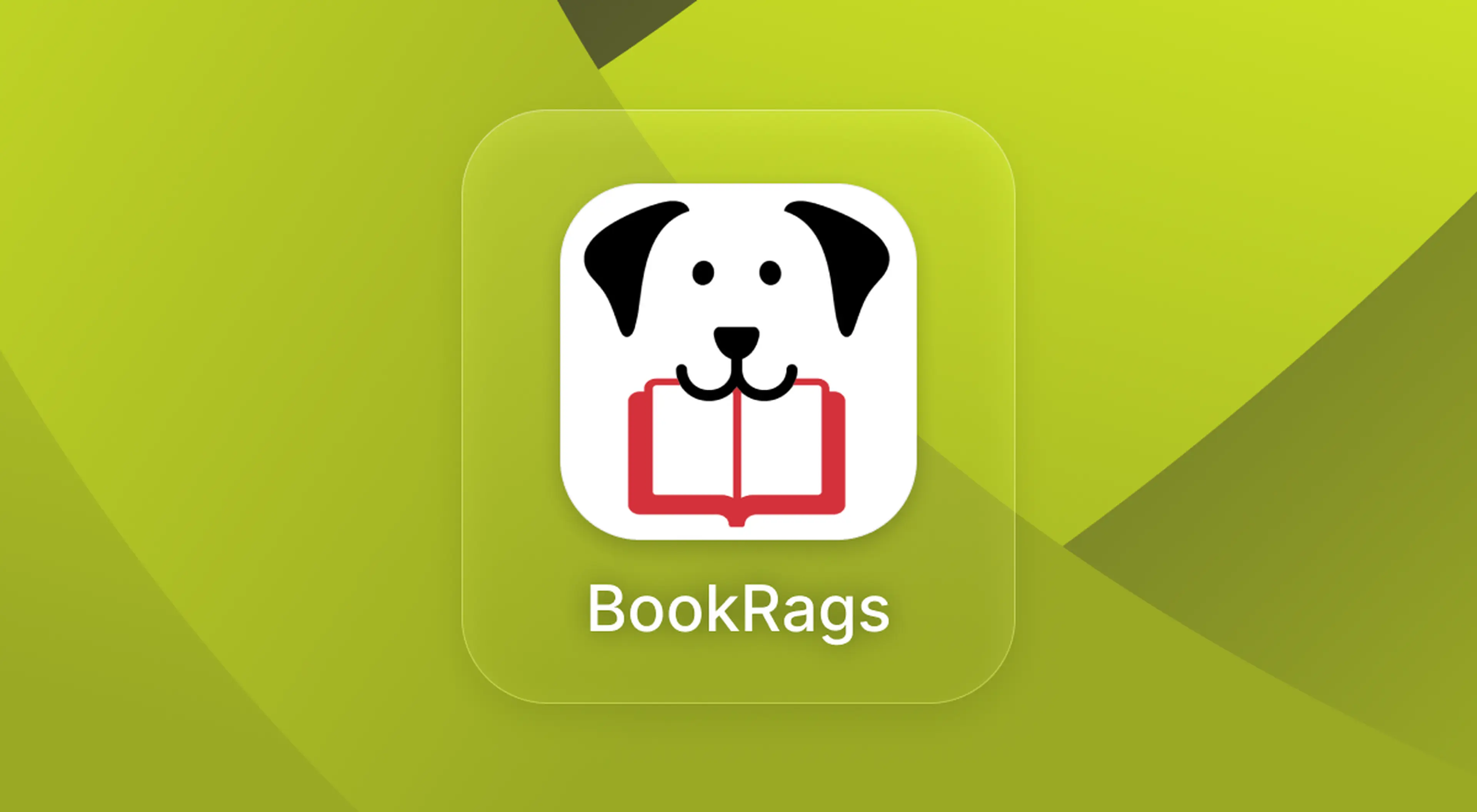 BookRags app icon showing a black and white dog holding an open red book, set against a green geometric background with the app name below