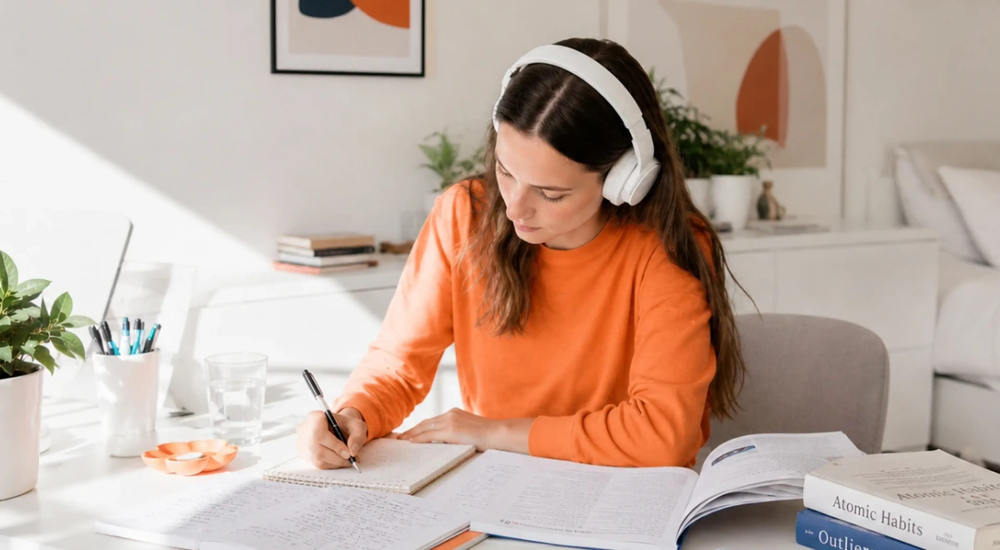 Woman in an orange sweater wearing white headphones taking notes at a desk with Atomic Habits and Outliers books, studying in a bright home workspace
