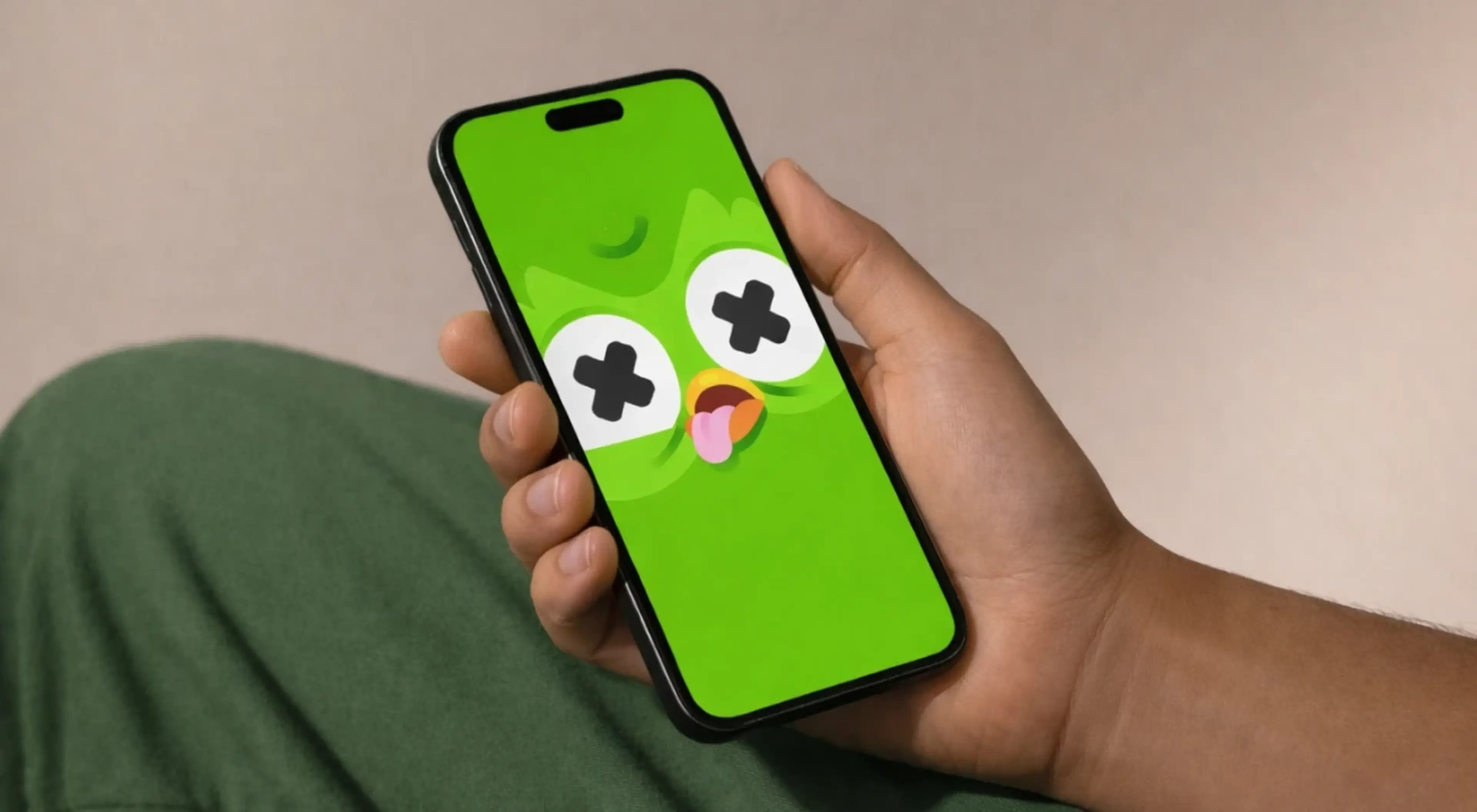 Hand holding a smartphone displaying the Duolingo owl mascot with a funny meme face — X eyes and tongue out — on a bright green screen, green pants visible in the background