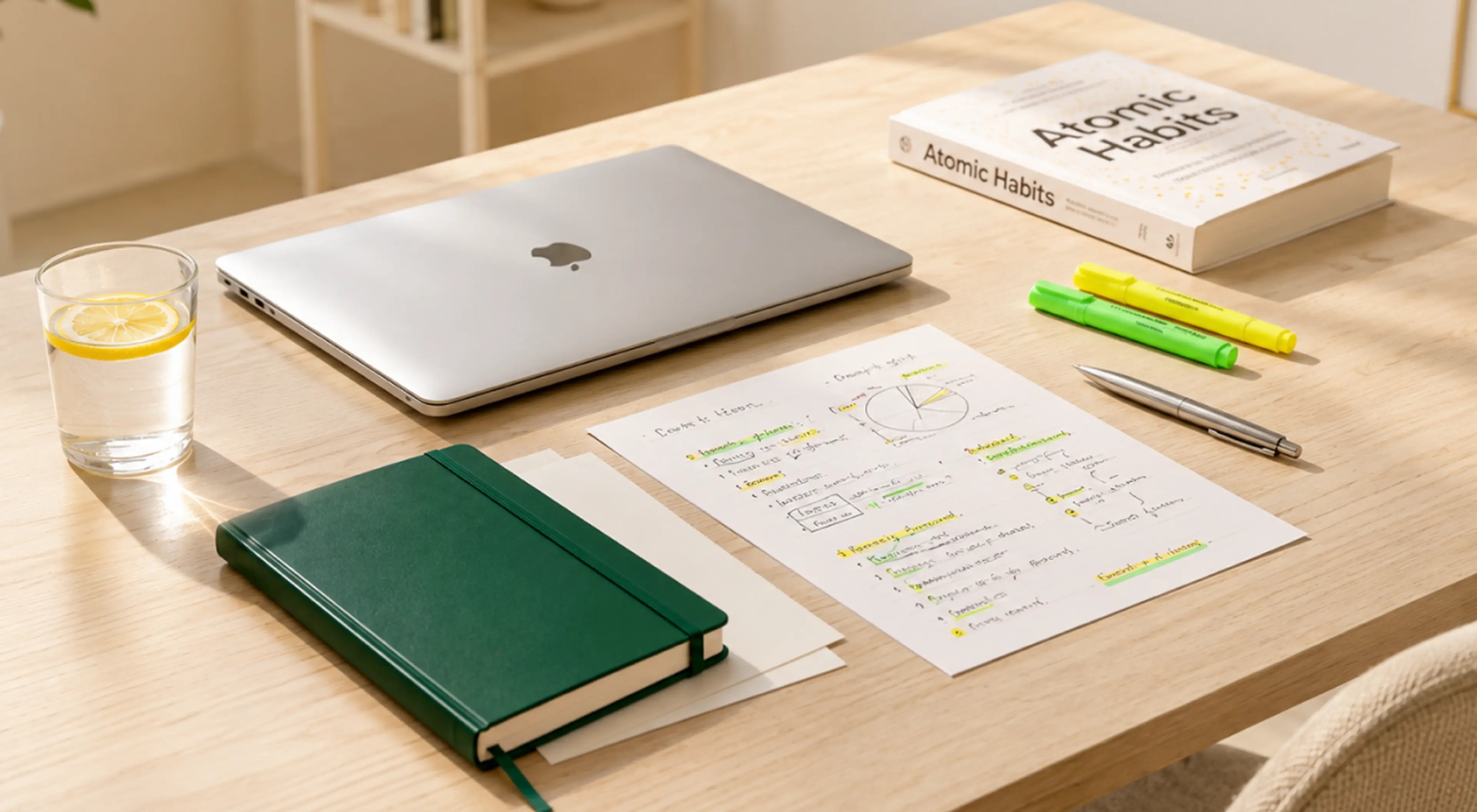 Handwritten book summary notes with highlighted key points on a wooden desk beside a laptop, green notebook, highlighters, water with lemon, and the Atomic Habits book