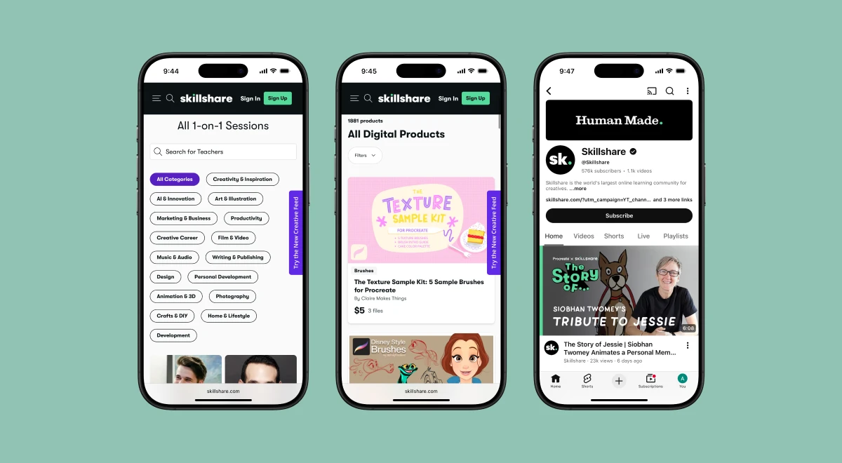 Three smartphones displaying Skillshare app screens including 1-on-1 sessions, digital products, and social feed on a teal background, illustrating the platform's microlearning features