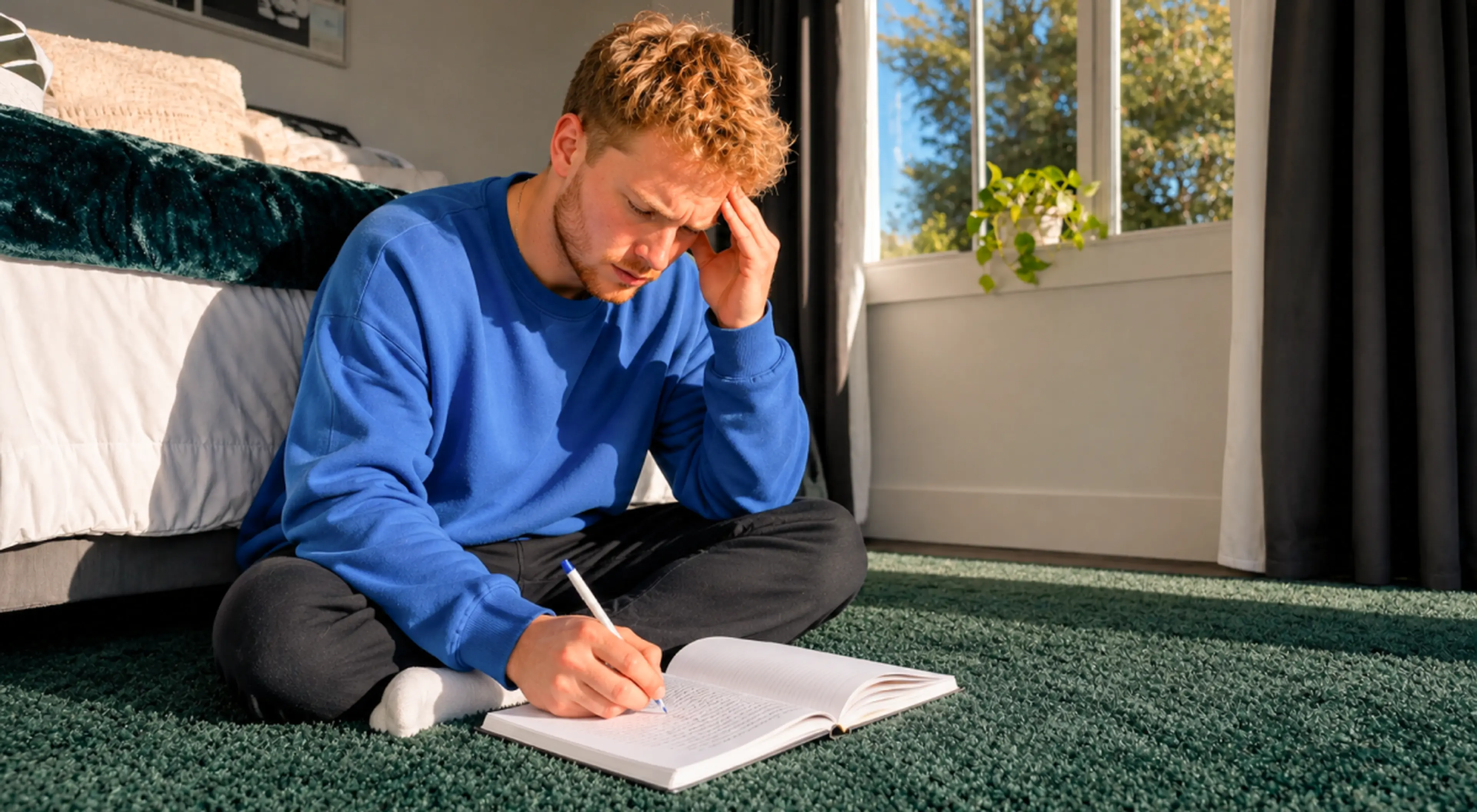 Focused young man in a blue sweatshirt sitting cross-legged on a green carpet writing in a journal beside a bed, exploring how to turn your brain off in a sunlit bedroom