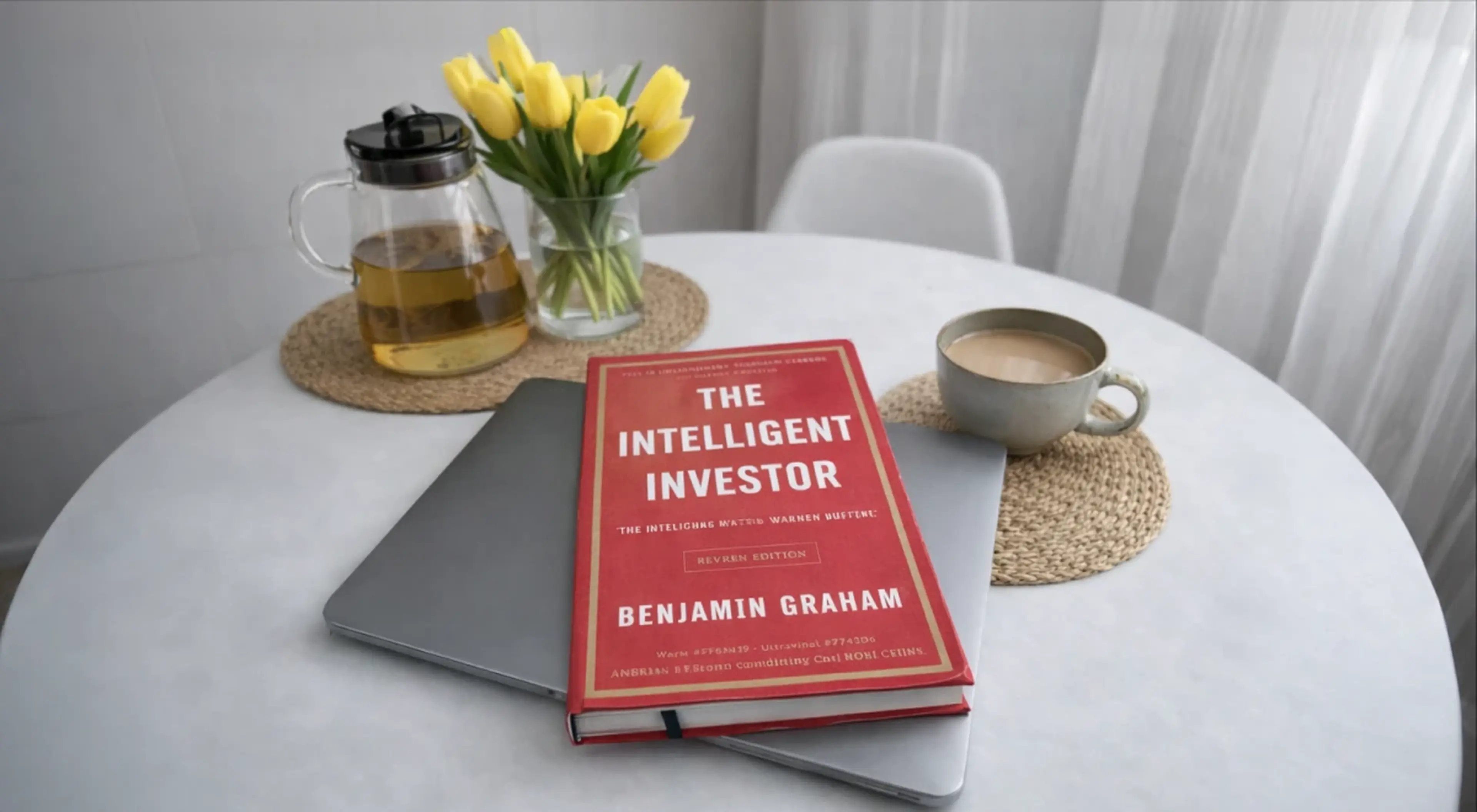 The intelligent investor by benjamin graham on the table with yellow tulips and a teapot