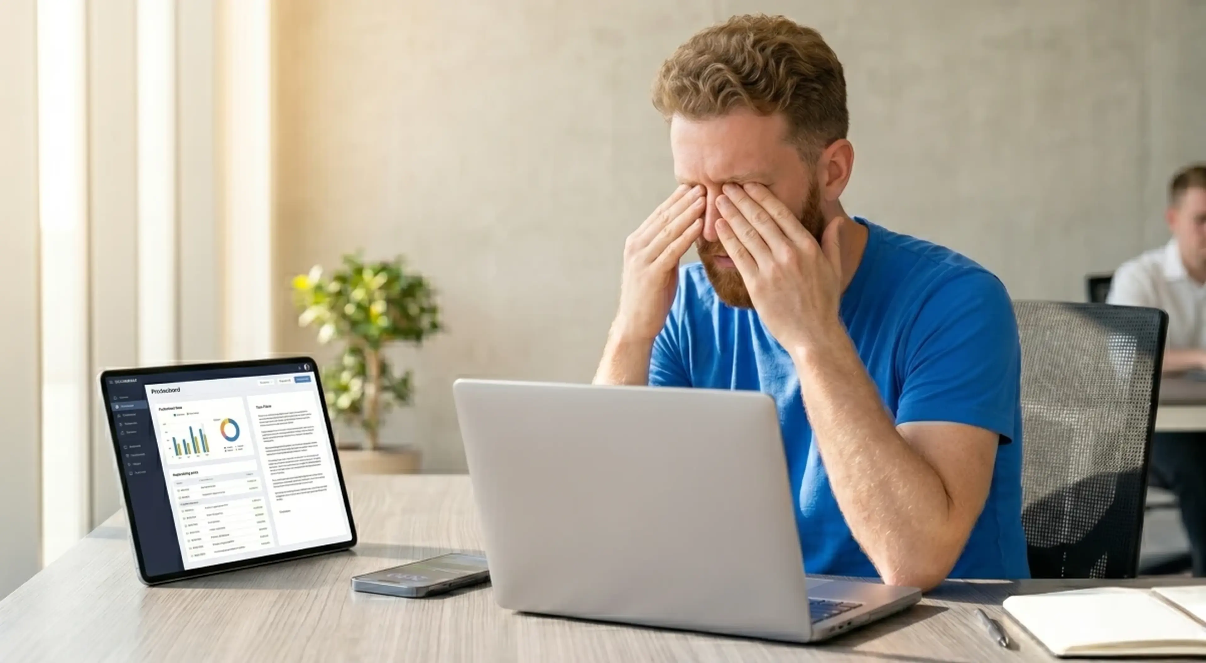 Stressed man in a blue shirt rubbing his eyes at a desk with a laptop and tablet showing a dashboard, representing brain fog and mental fatigue at work