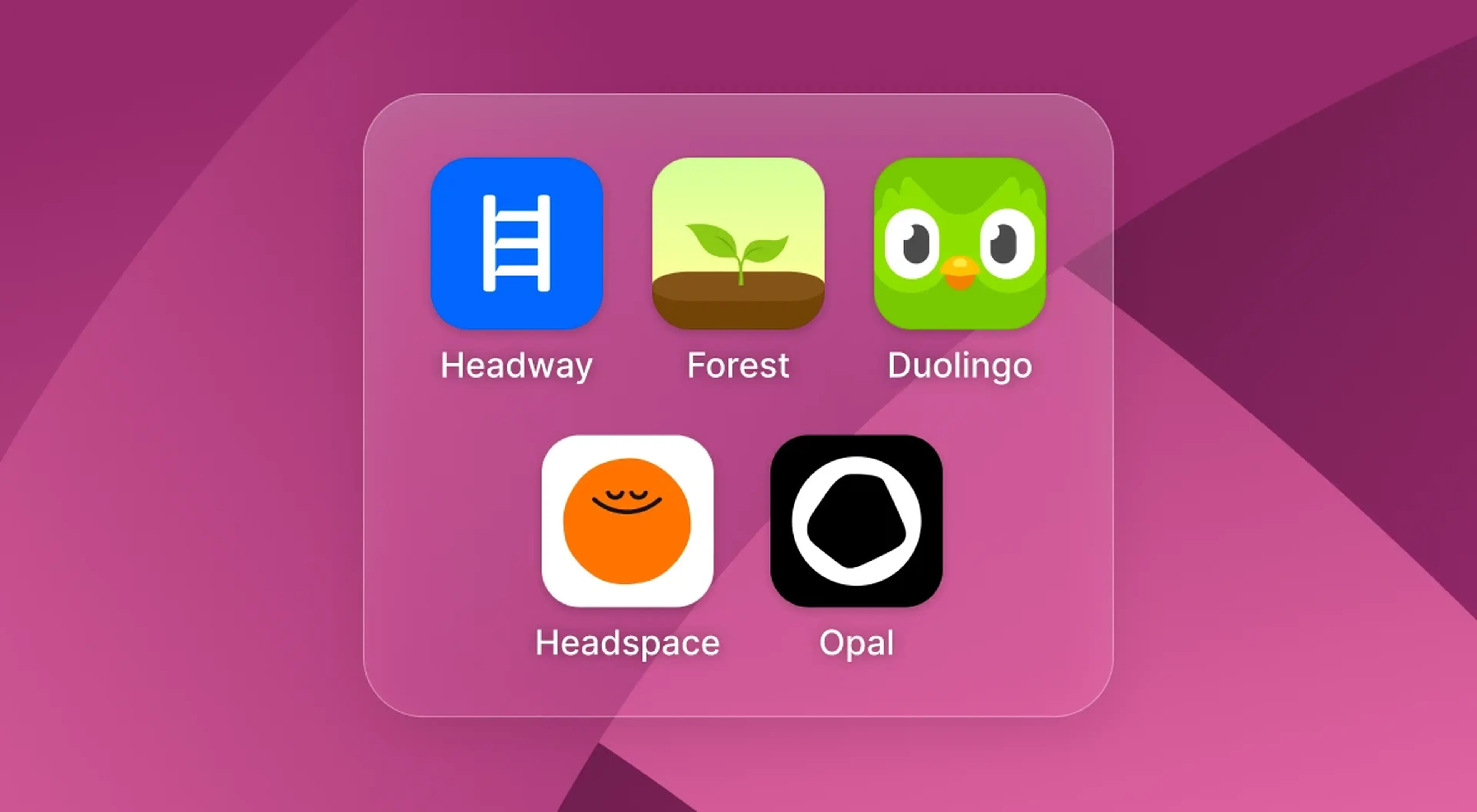 Phone folder with daily growth apps Headway, Forest, Duolingo, Headspace, and Opal on a magenta triangular wallpaper
