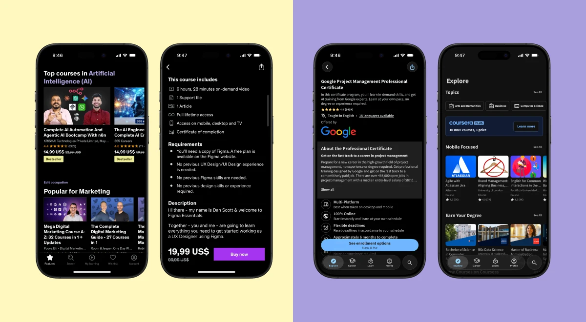 Split-screen app review comparing Udemy app on yellow background showing AI courses and Coursera app on purple background displaying a Google Professional Certificate