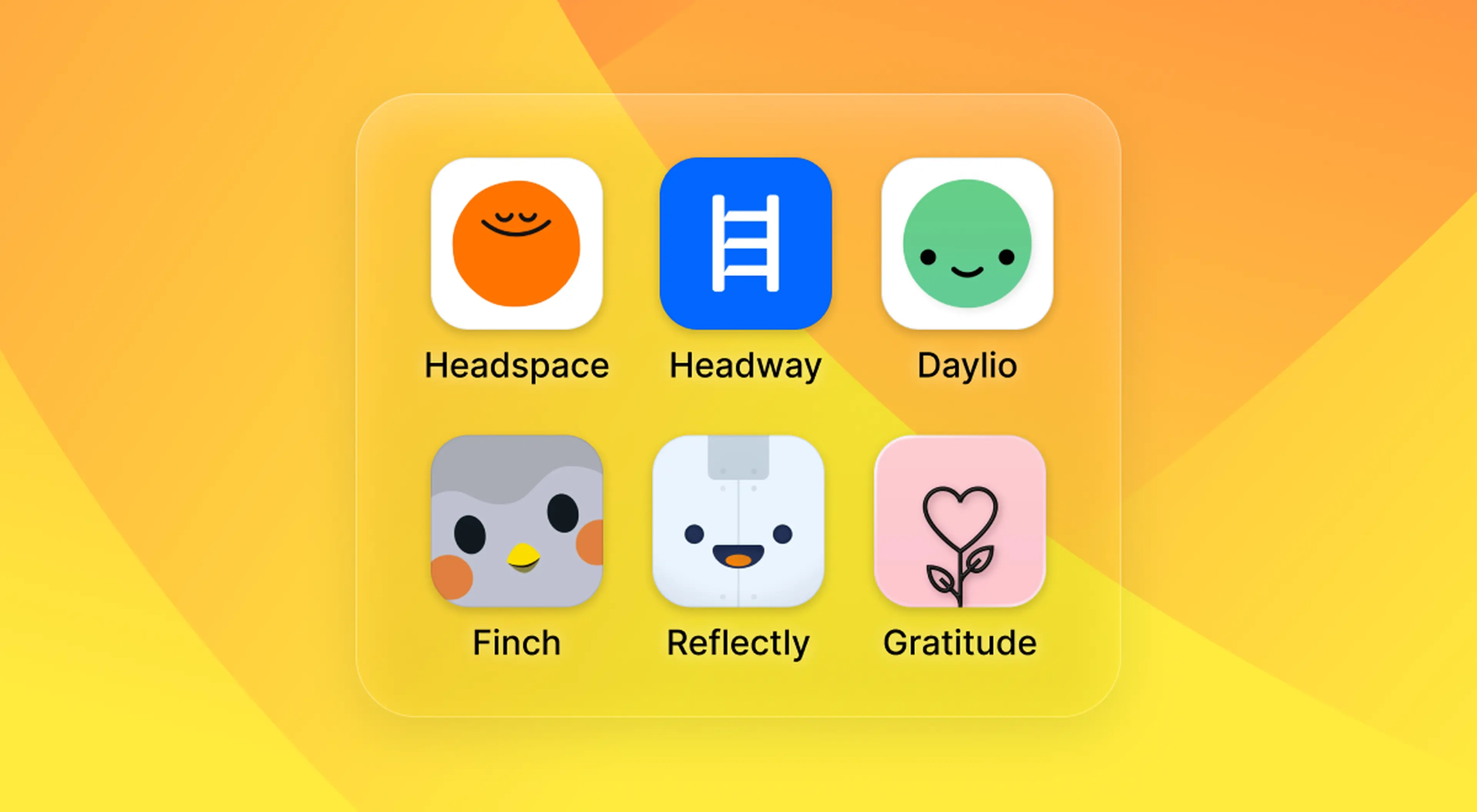 Grid of self care apps icons including Headspace, Headway, Daylio, Finch, Reflectly and Gratitude on a bright yellow gradient background