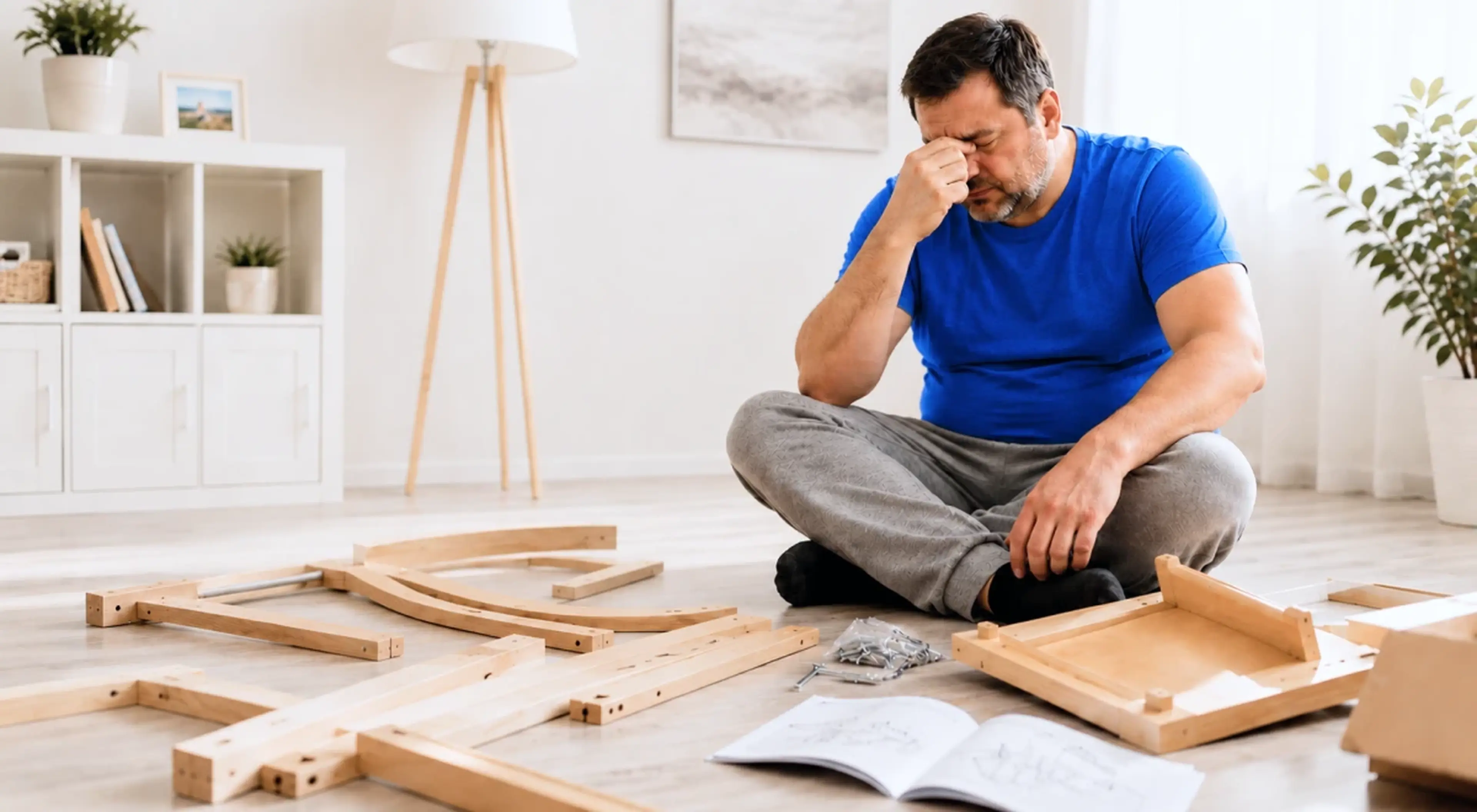 Middle-aged man in a blue t-shirt sitting cross-legged on a floor surrounded by unassembled wooden furniture pieces, rubbing his face in frustration after being stupid about following the instructions