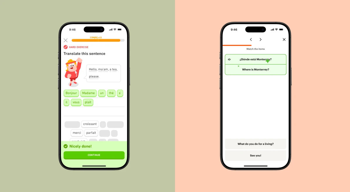 _Side-by-side Duolingo and Babbel language learning app screens on smartphones showing a translation exercise and a quiz, on green and peach backgrounds