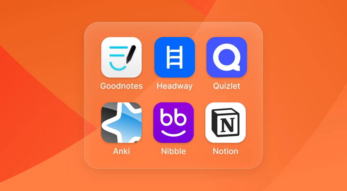App folder showing icons of Goodnotes, Headway, Quizlet, Anki, Nibble, and Notion, a collection of the best study apps for learning and productivity