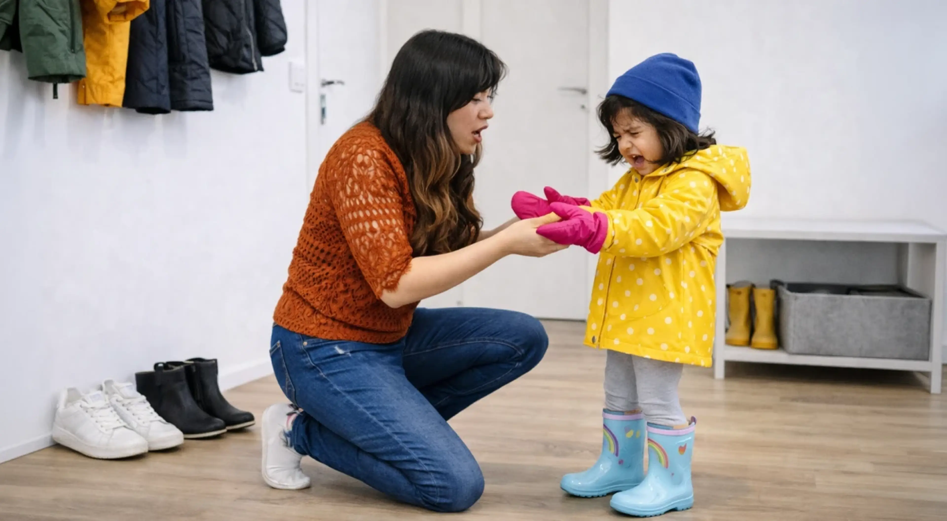 Mother kneeling in entryway helping crying toddler in yellow raincoat and blue hat put on pink mittens, illustrating fafo parenting rules in a daily routine