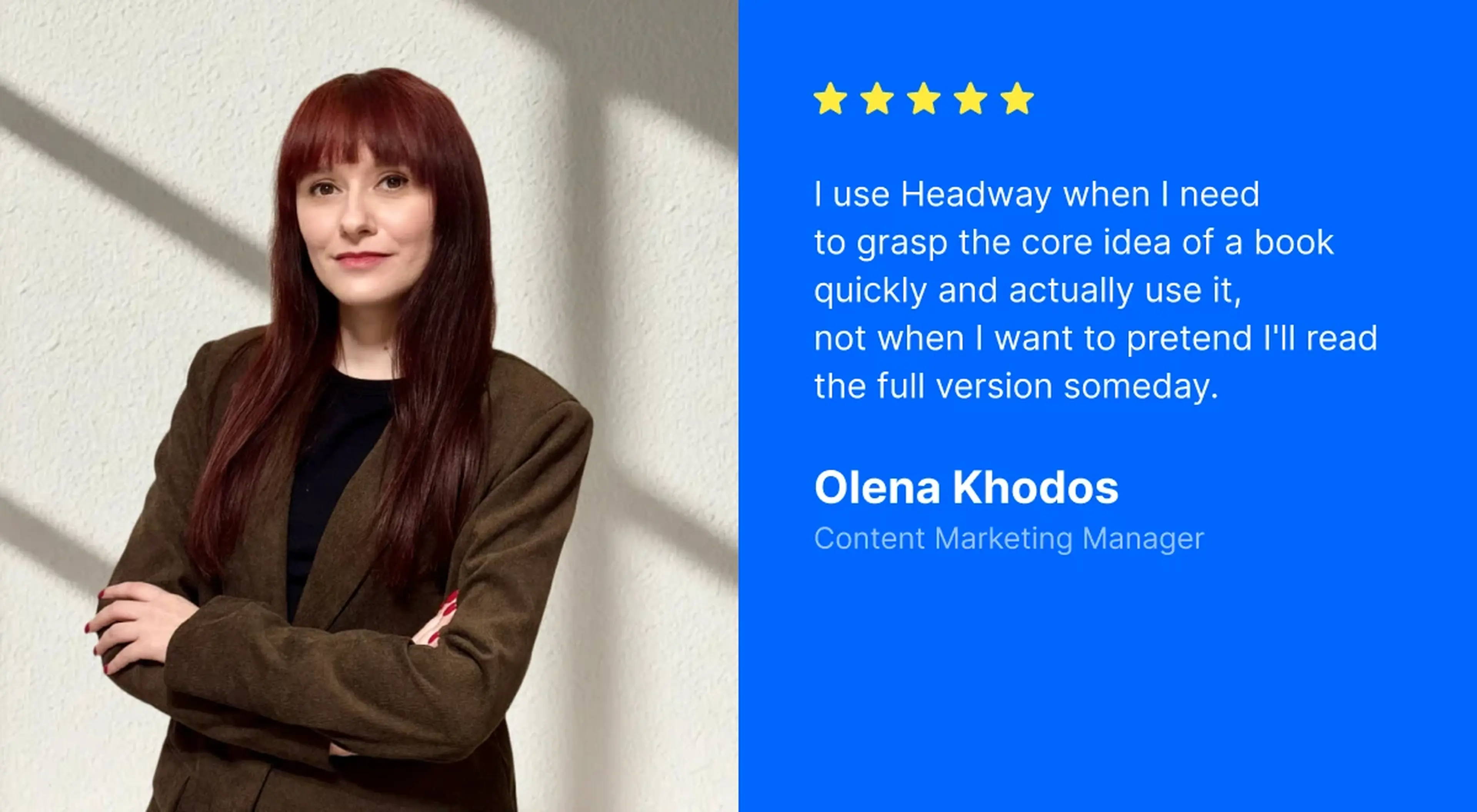 Woman with dark red hair in a brown blazer posing arms crossed beside a five-star Headway UGC review on a blue card, sharing her business books reading routine