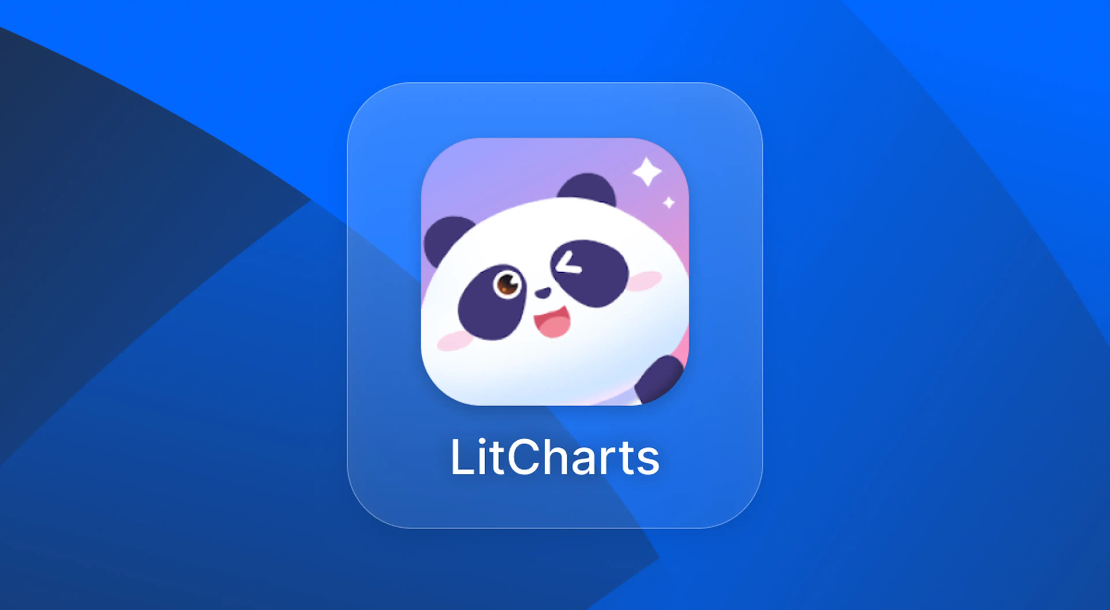 LitCharts app icon featuring a smiling panda on a purple background, displayed on a blue geometric backdrop