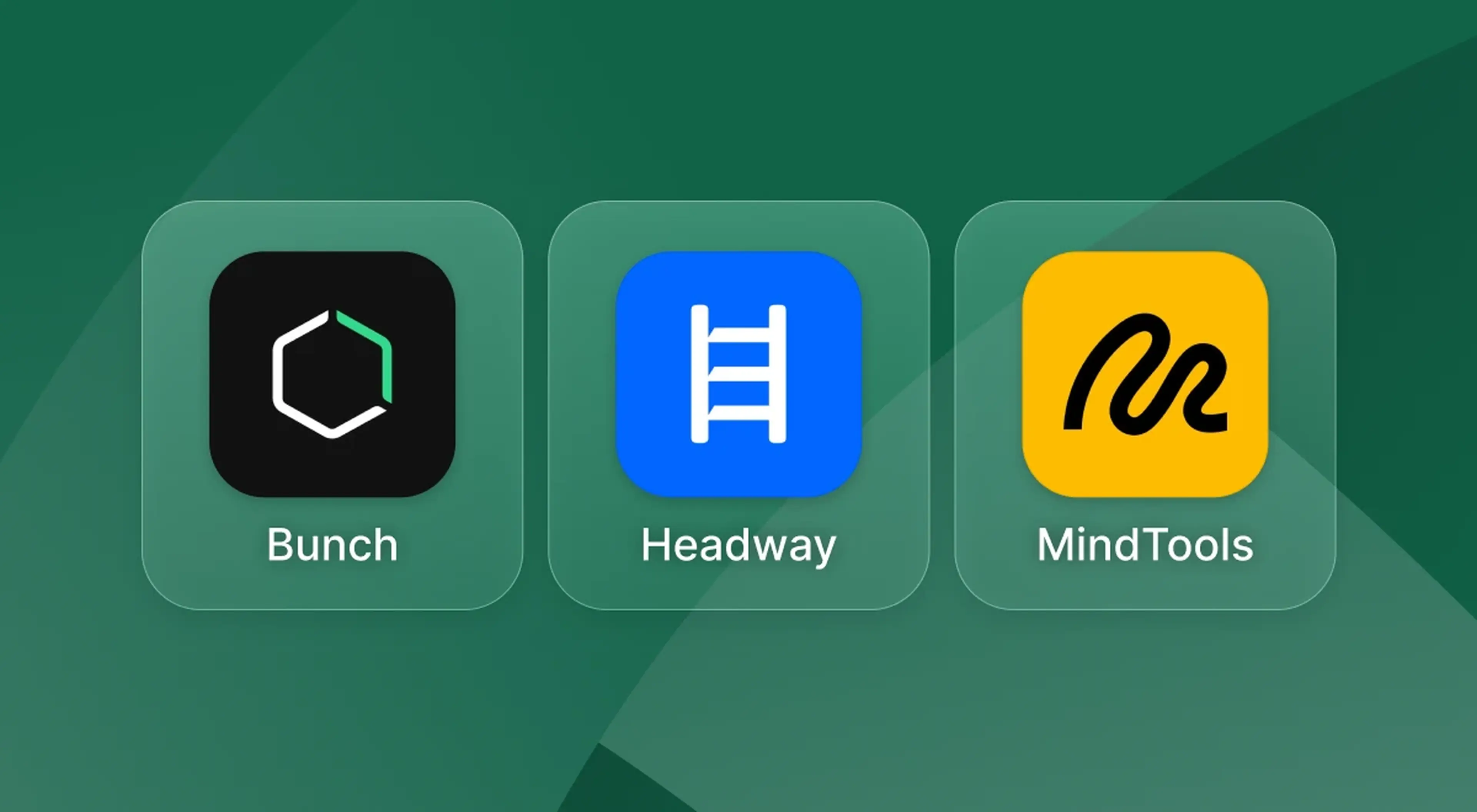 Bunch, Headway, and MindTools app icons displayed on a green background as daily growth apps for new managers